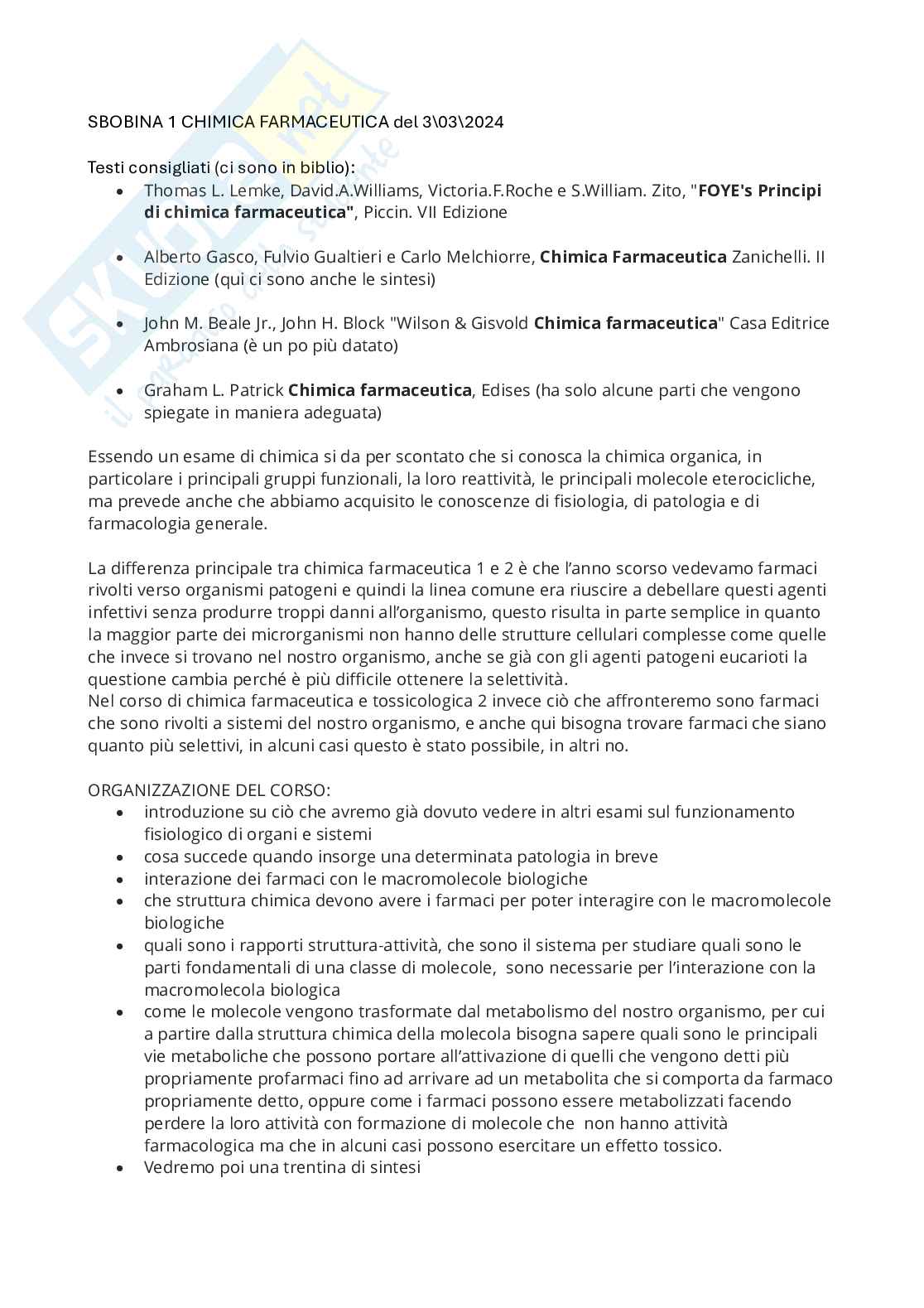 Apputi esame lezioni 1-11 su 33 di Chimica farmaceutica e tossicologica 2 Pag. 1