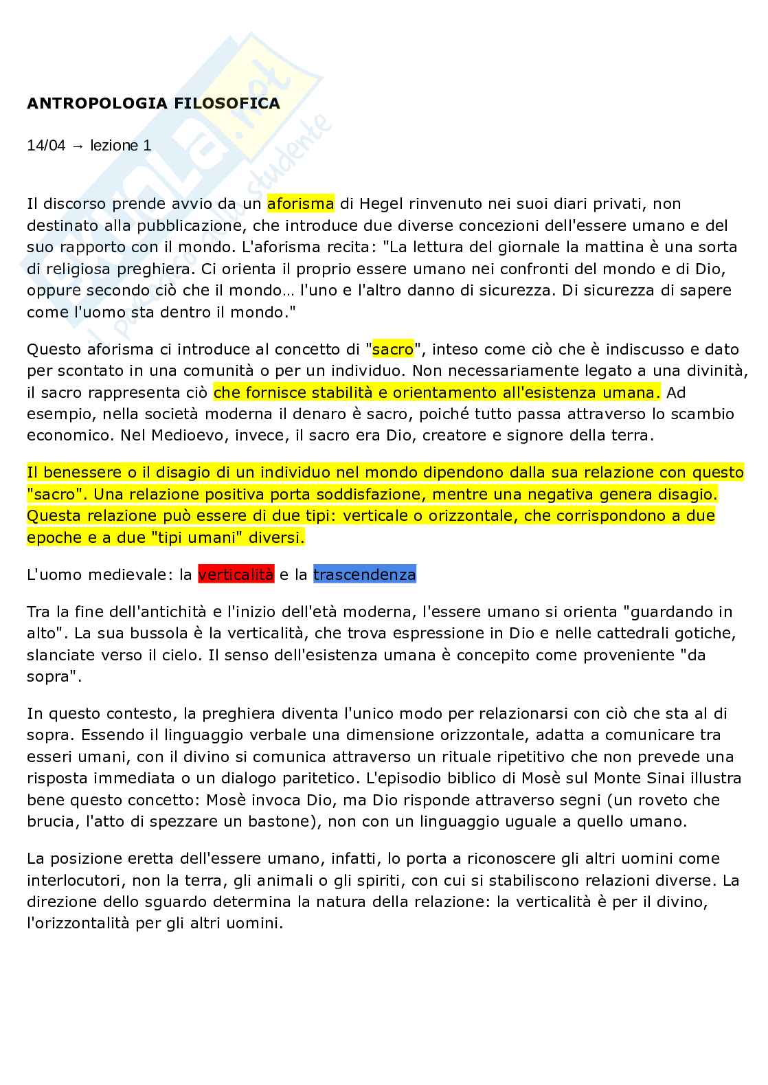 Appunti di Antropologia filosofica  Pag. 1