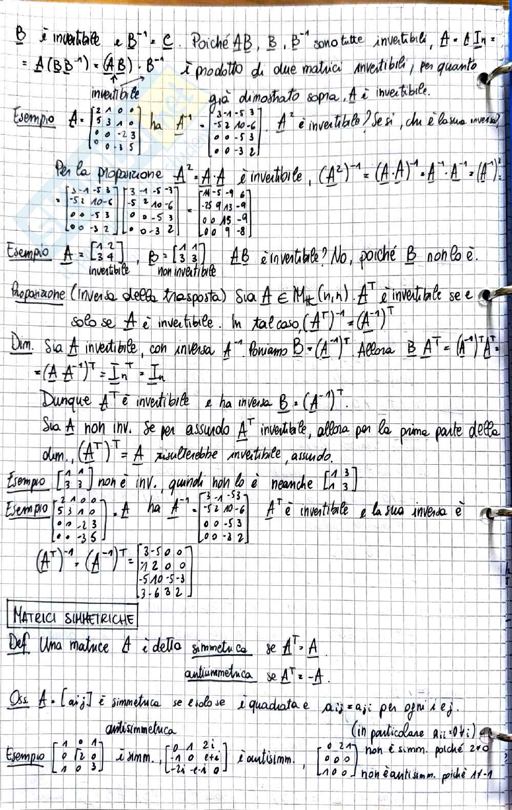 Geometria e algebra lineare - Matrici invertibili, calcolo dell'inversa e sottospazi simmetrici Pag. 1