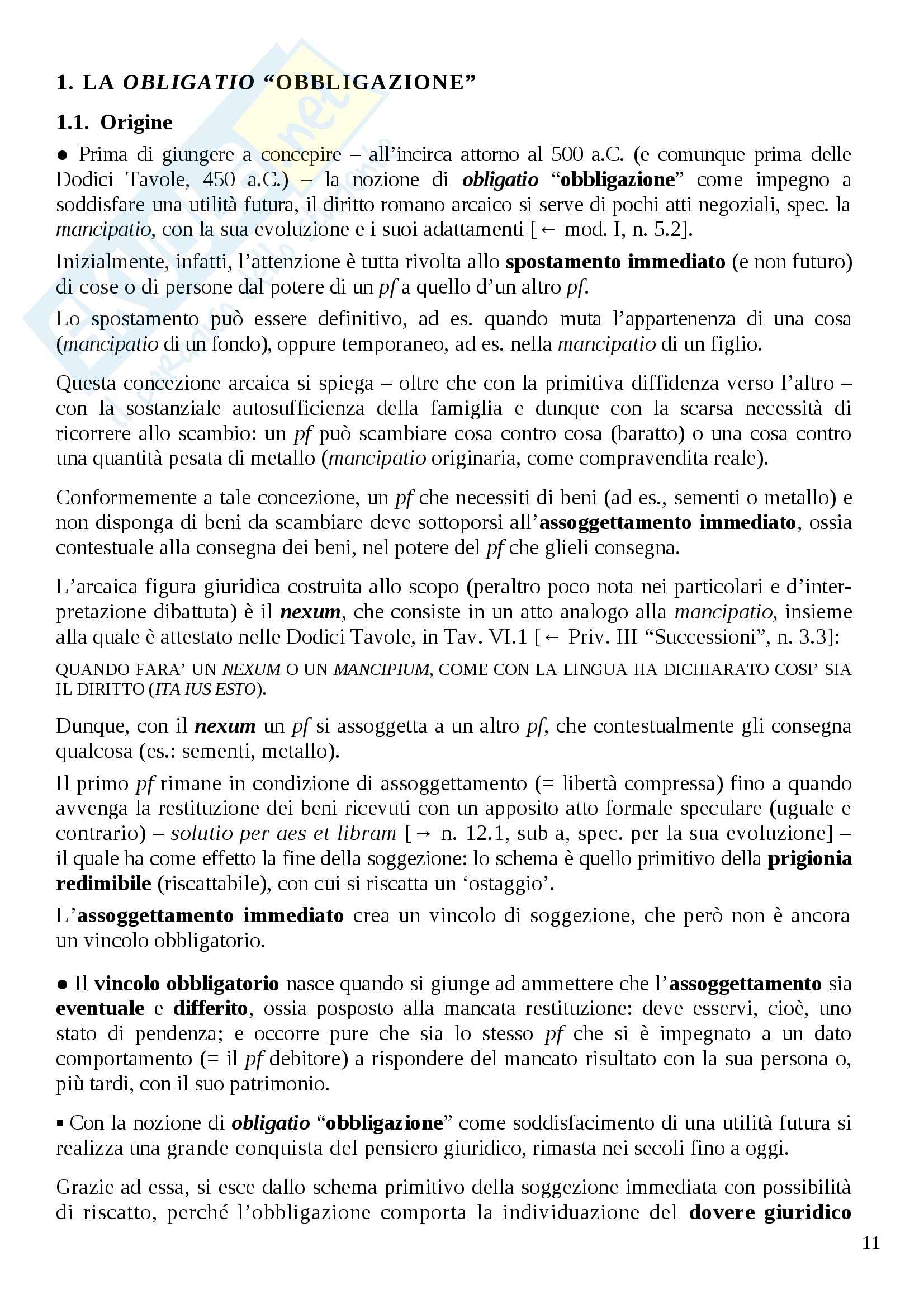 Istituzioni di diritto romano - obbligazioni Pag. 1