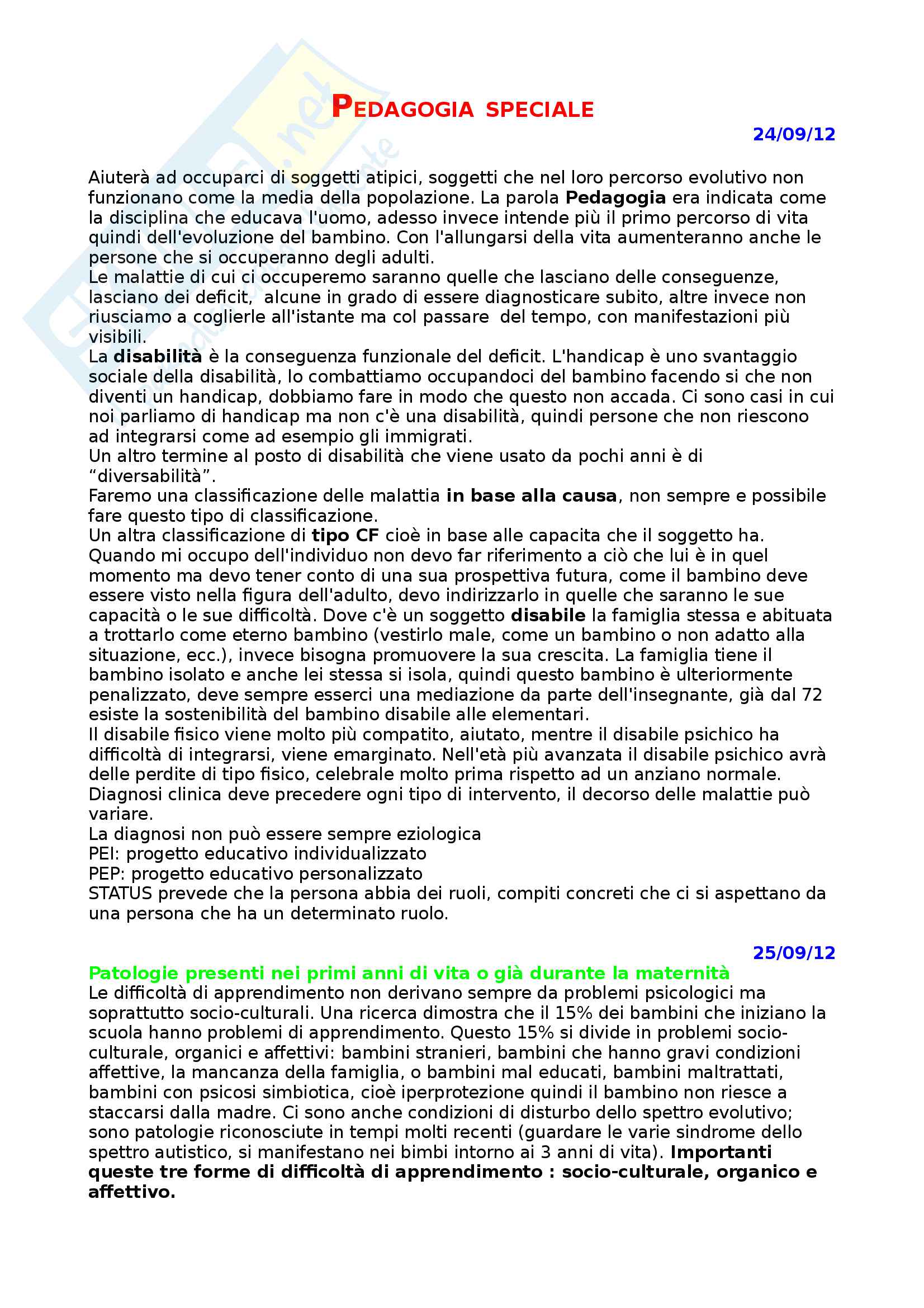 Appunti presi a lezione di Pedagogia speciale, prof Muttini Pag. 1