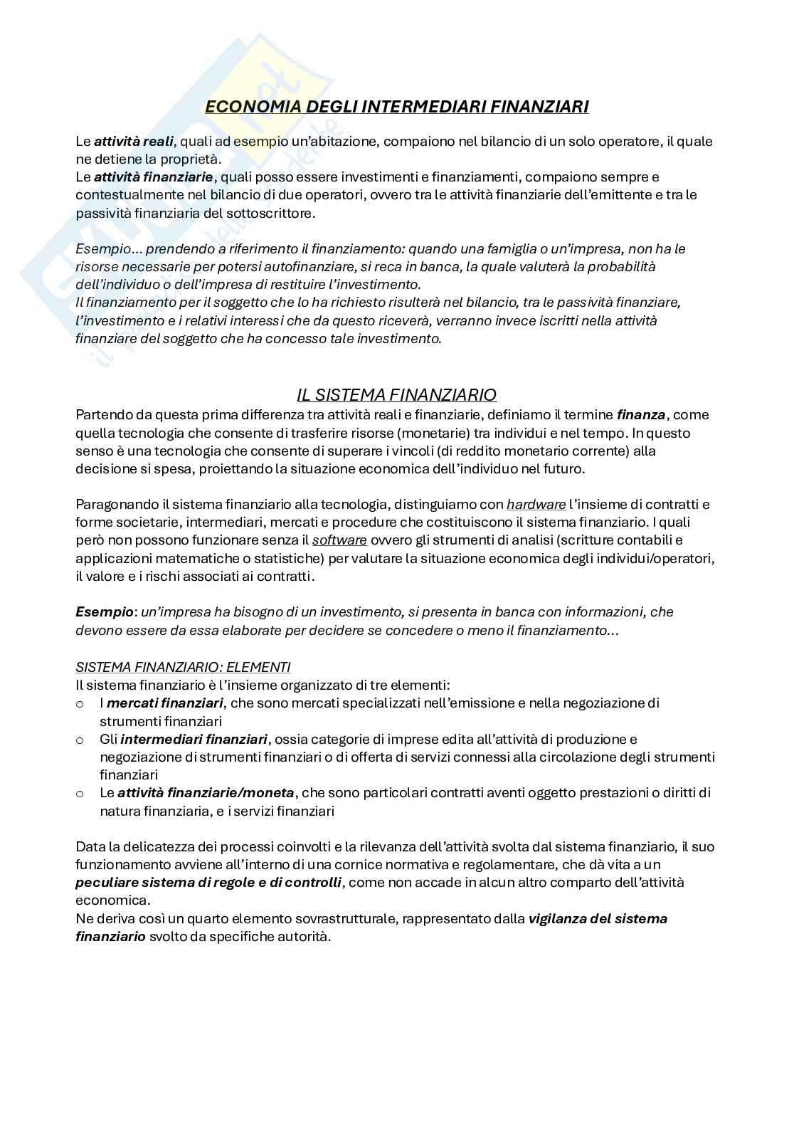 Economia degli intermediari finanziari e finanza del contesto internazionale  Pag. 1