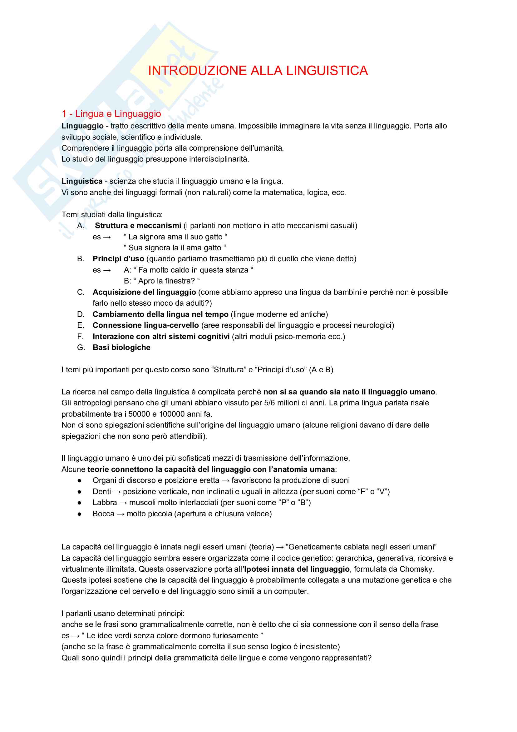Appunti Riassuntivi - Introduzione alla Linguistica Pag. 1