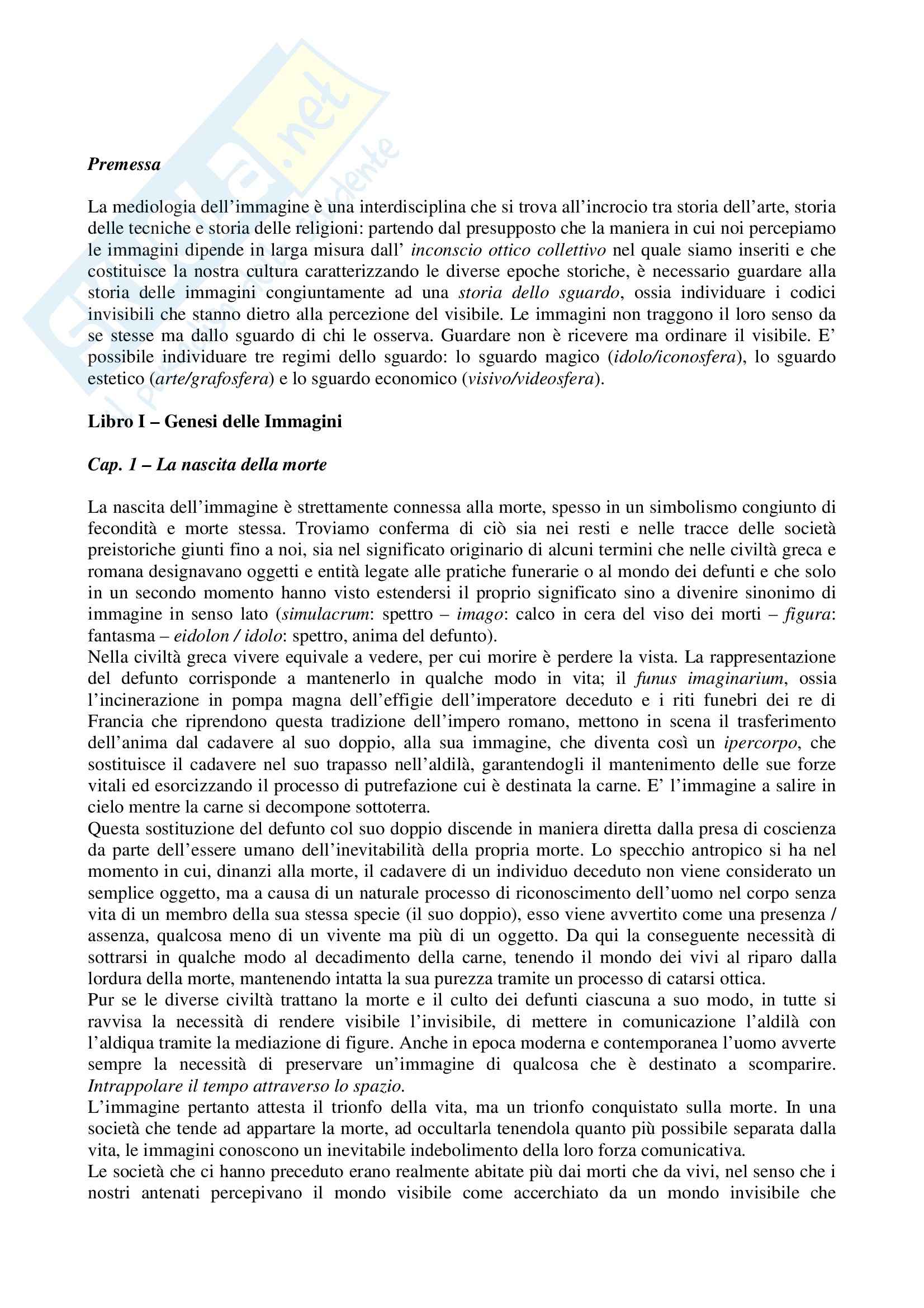 Riassunto esame Estetica, prof. Pinotti, libro consigliato Vita e Morte dell'Immagine, Debray Pag. 1