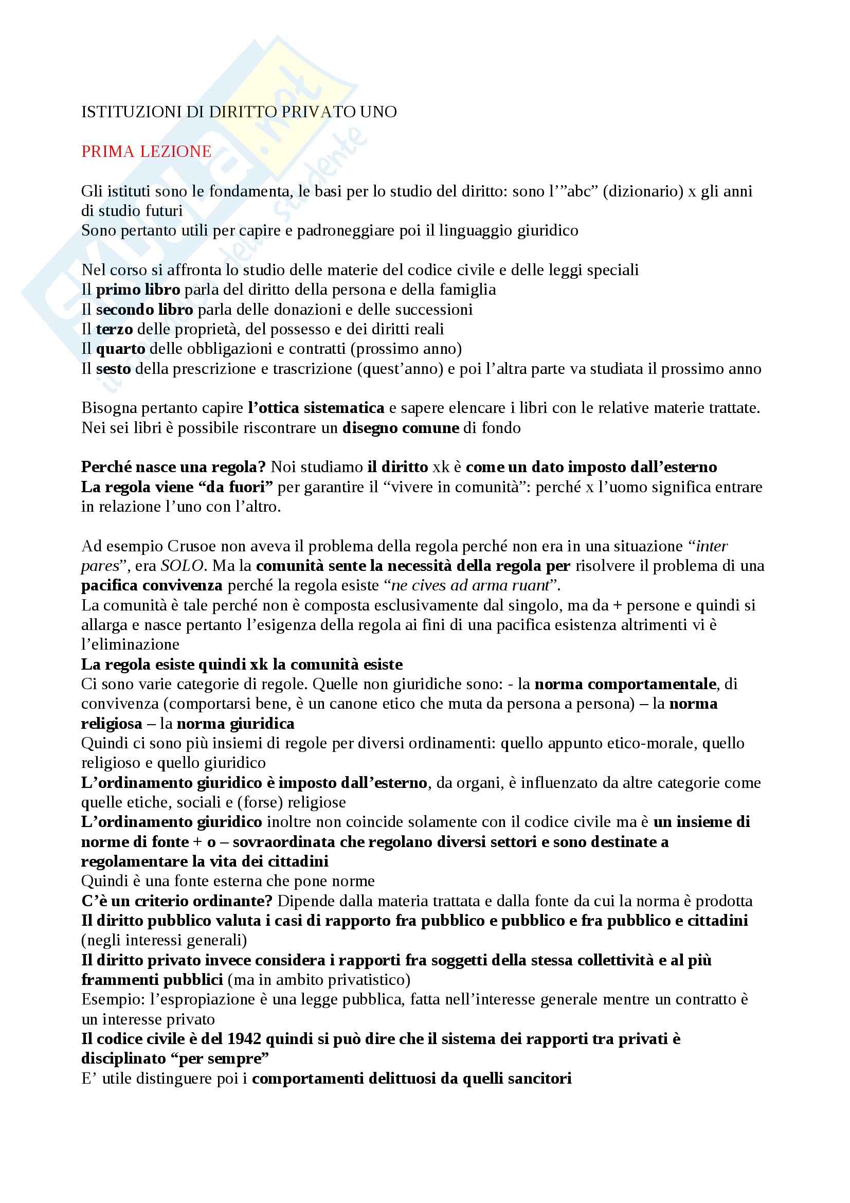 Lezioni, Istituzioni di diritto privato I Pag. 1