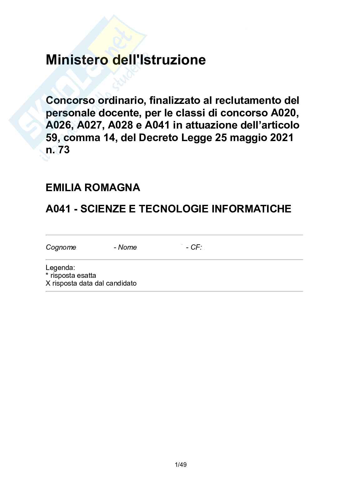 Esempio prova scritta concorso scuola secondaria classe concorso a41 Scienze e tecnologie informatiche  Pag. 1