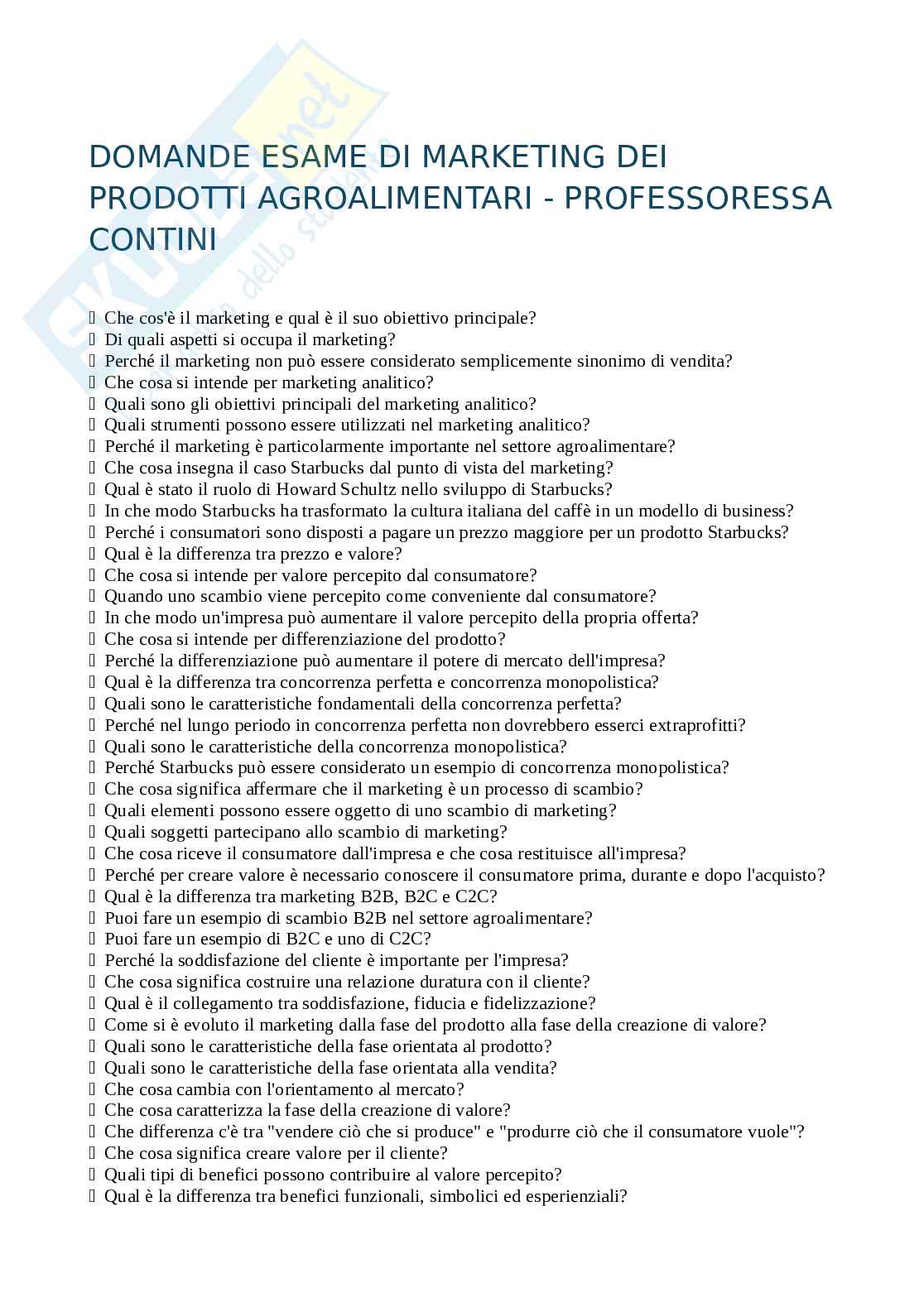 Paniere di domande per l’orale di Marketing dei prodotti agroalimentari Pag. 1
