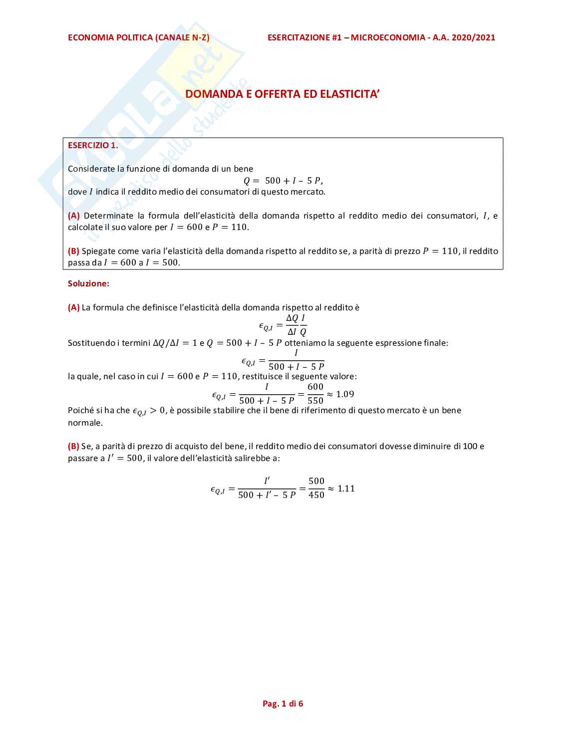 Esercizi d'esame comune di Economia politica   Pag. 1