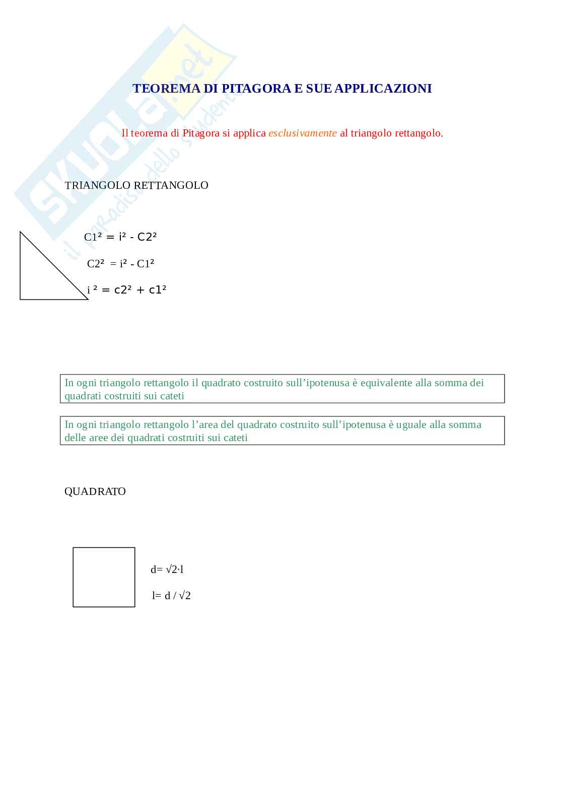 Teorema di Pitagora - Formule Pag. 1