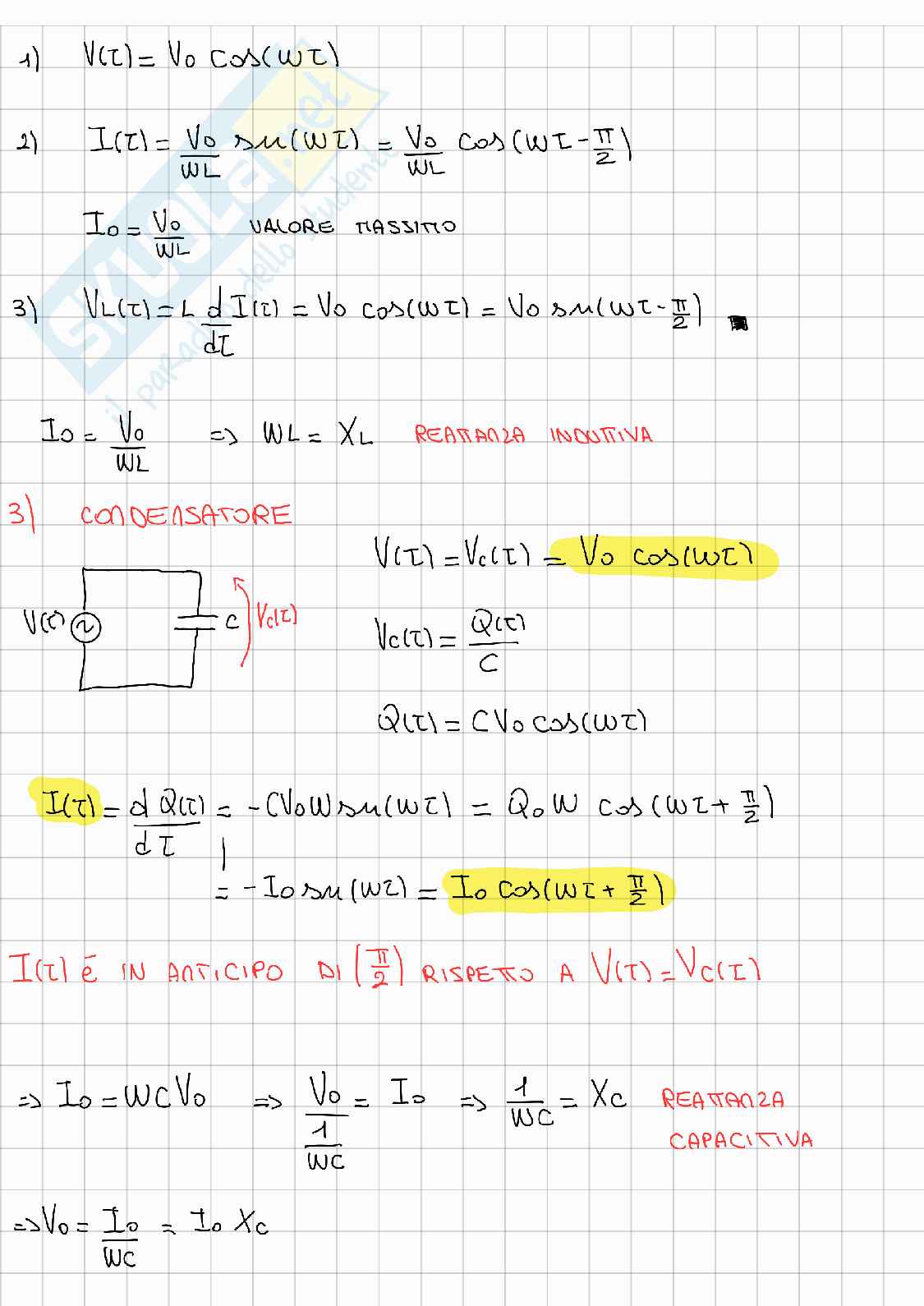Circuiti RC, RL e RLC e corrente alternata – Appunti di Fisica generale 2 con formule e diagrammi Pag. 6