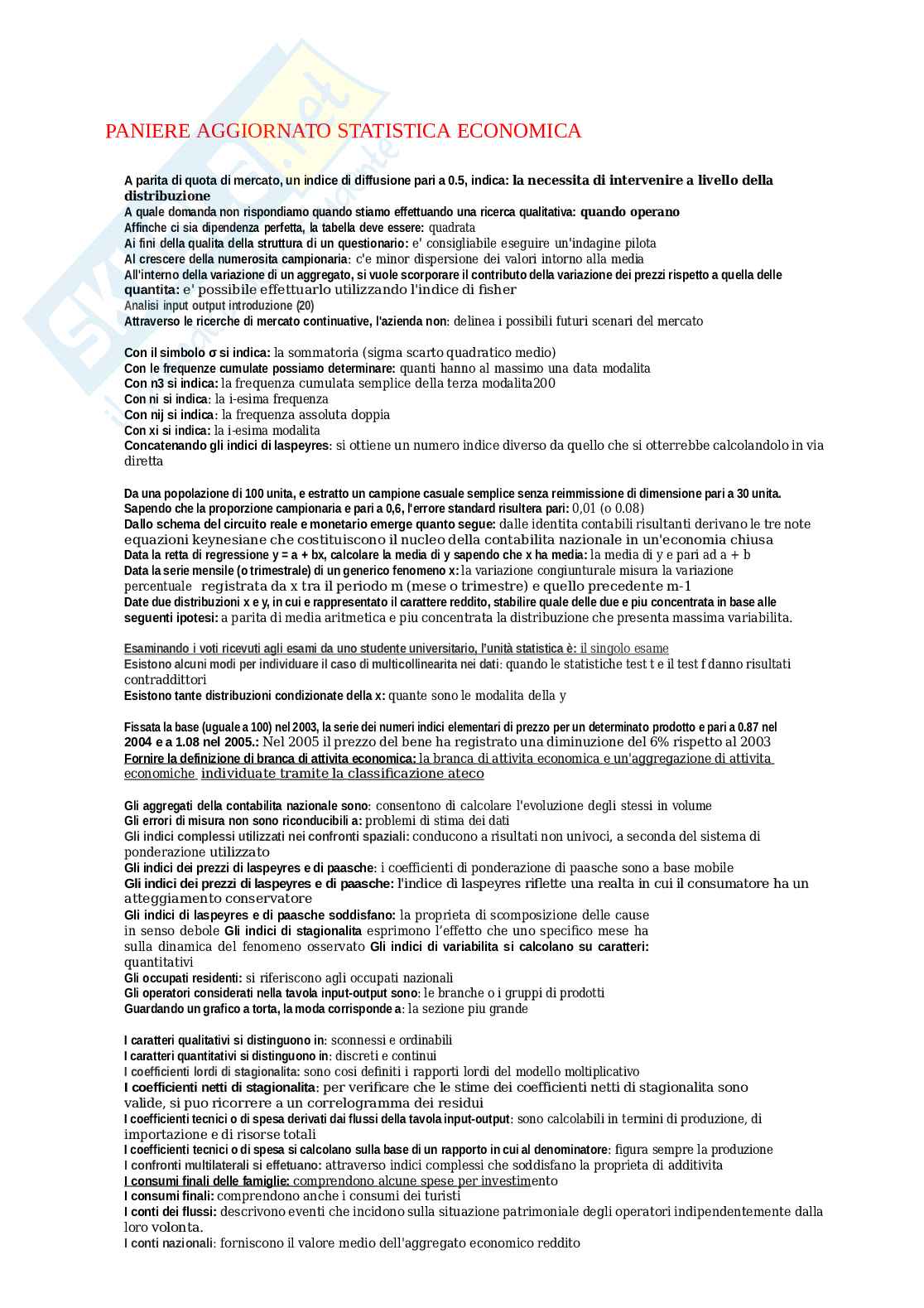Paniere Statistica economica, aggiornato e completo con domande Extra. In ordine  Pag. 1