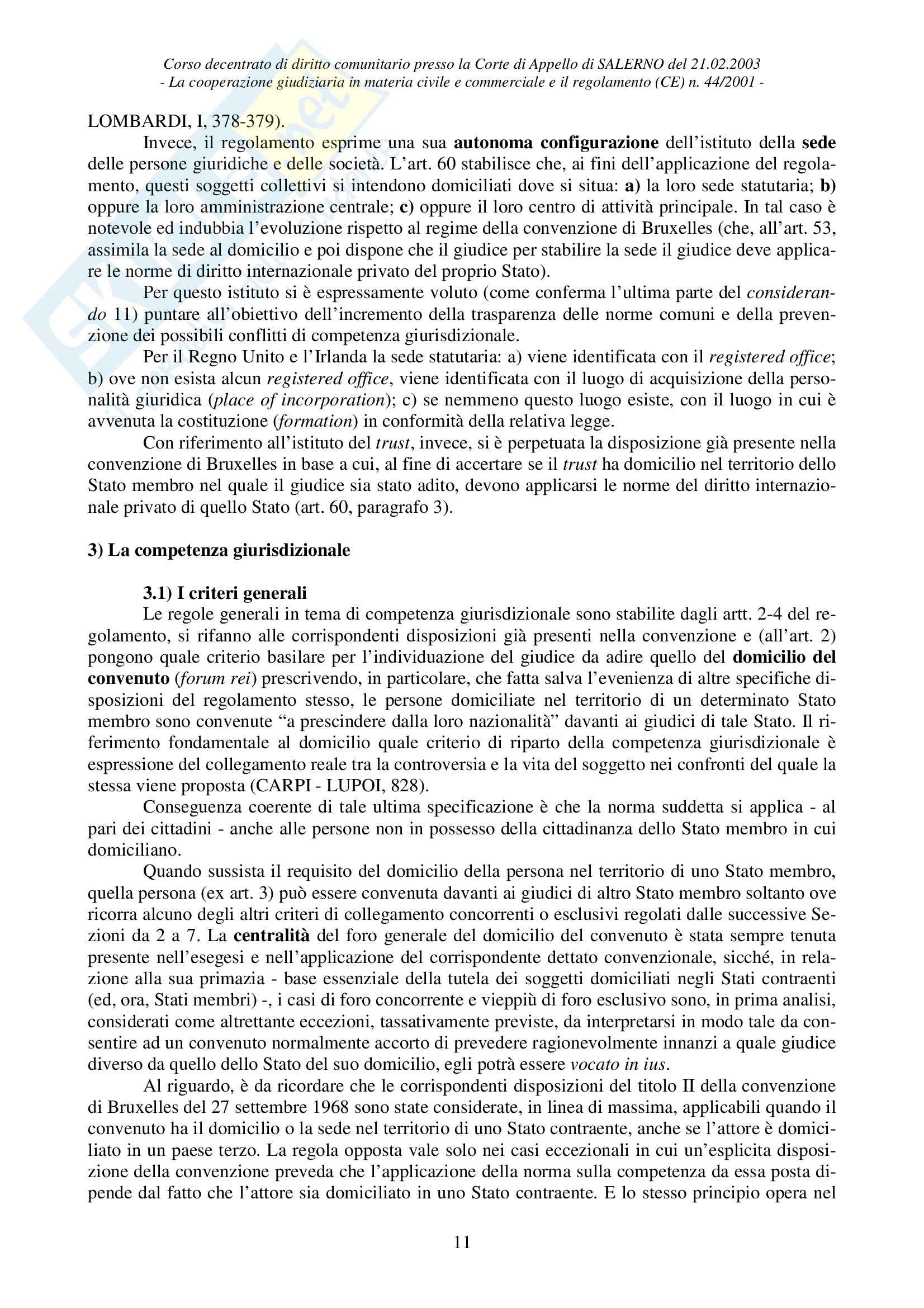 Diritto dell'Unione Europea - analisi del regolamento (CE) n. 44/2001 Pag. 11