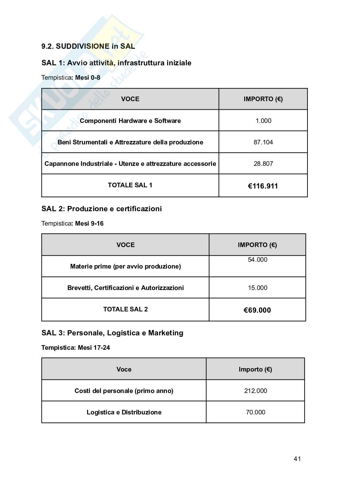 Progetto: di business plan di una startup Pag. 41