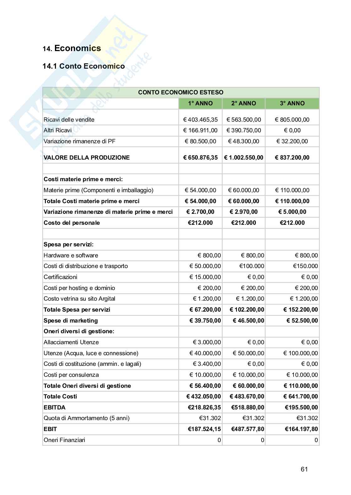 Progetto: di business plan di una startup Pag. 61