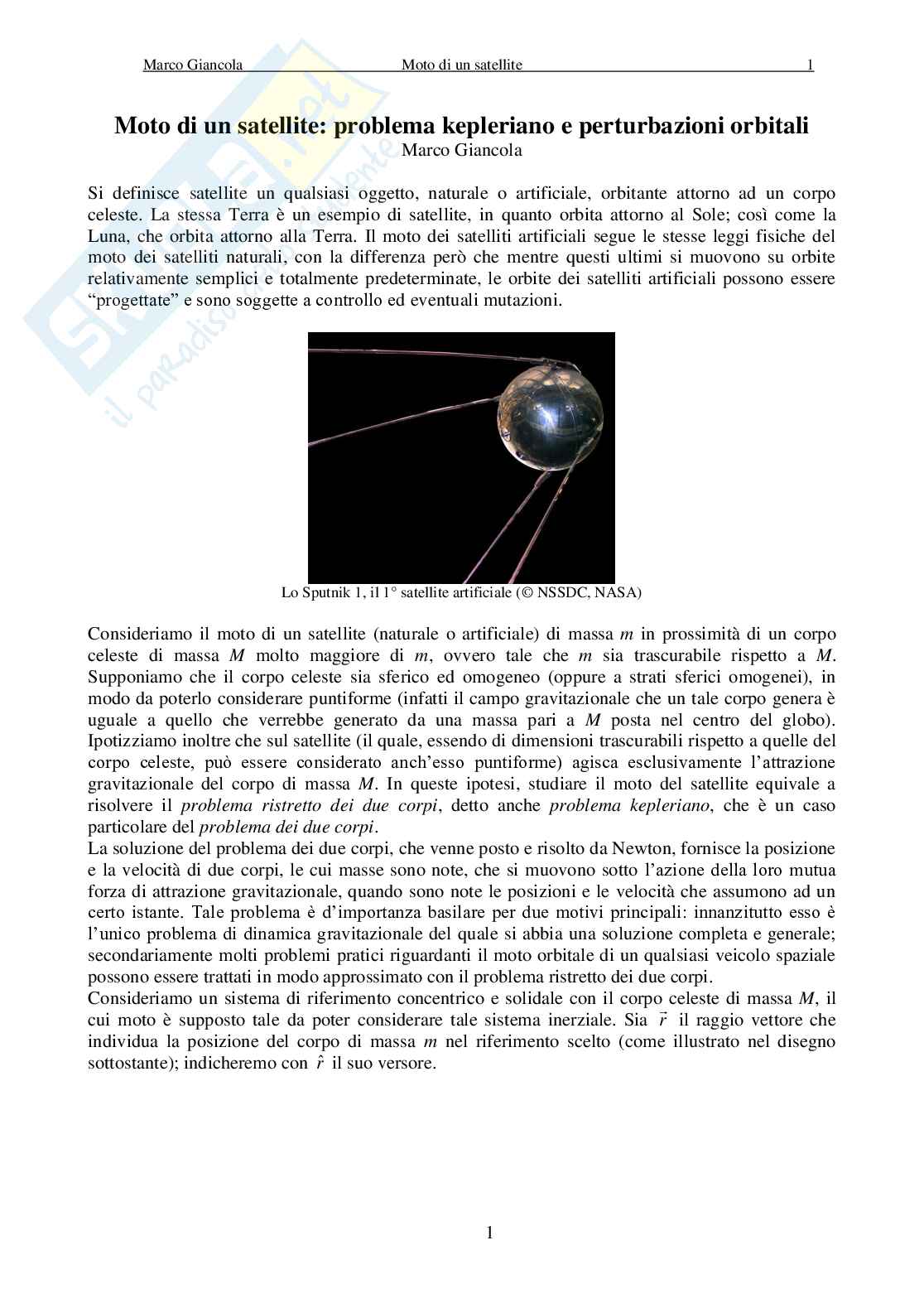 Moto di un satellite: problema kepleriano e perturbazioni orbitali Pag. 1