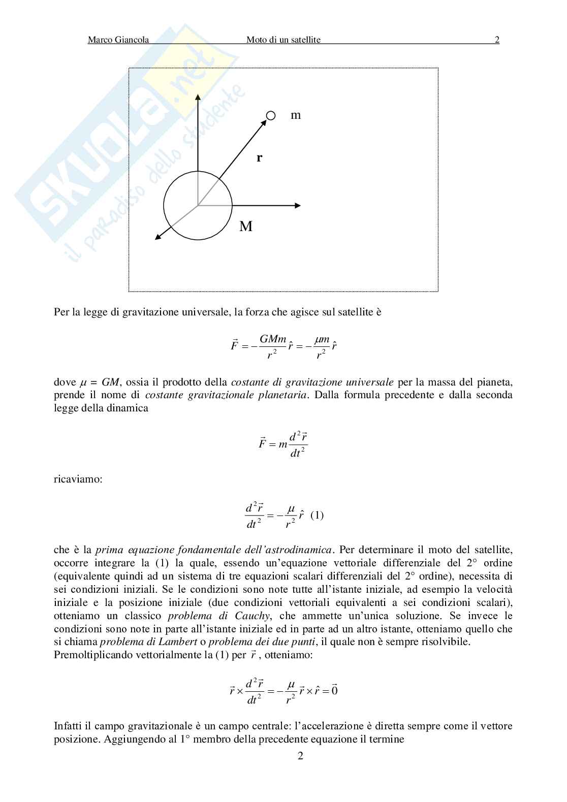 Moto di un satellite: problema kepleriano e perturbazioni orbitali Pag. 2