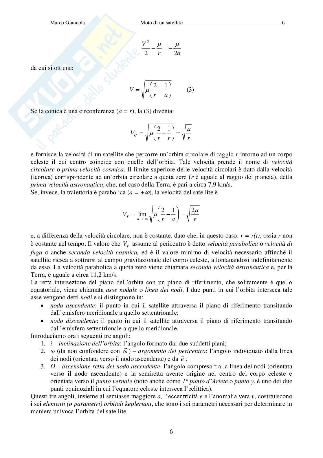 Moto di un satellite: problema kepleriano e perturbazioni orbitali Pag. 6