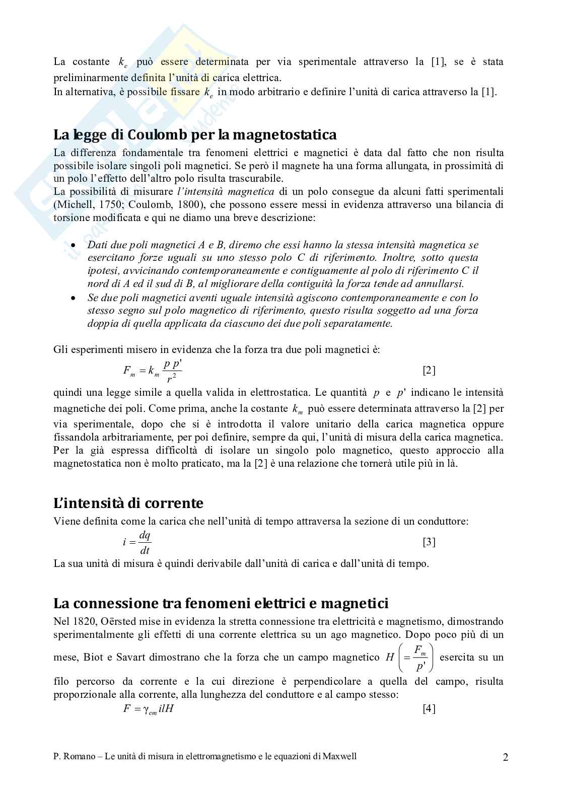 Le unità  di misura in elettromagnetismo e le equazioni di Maxwell Pag. 2