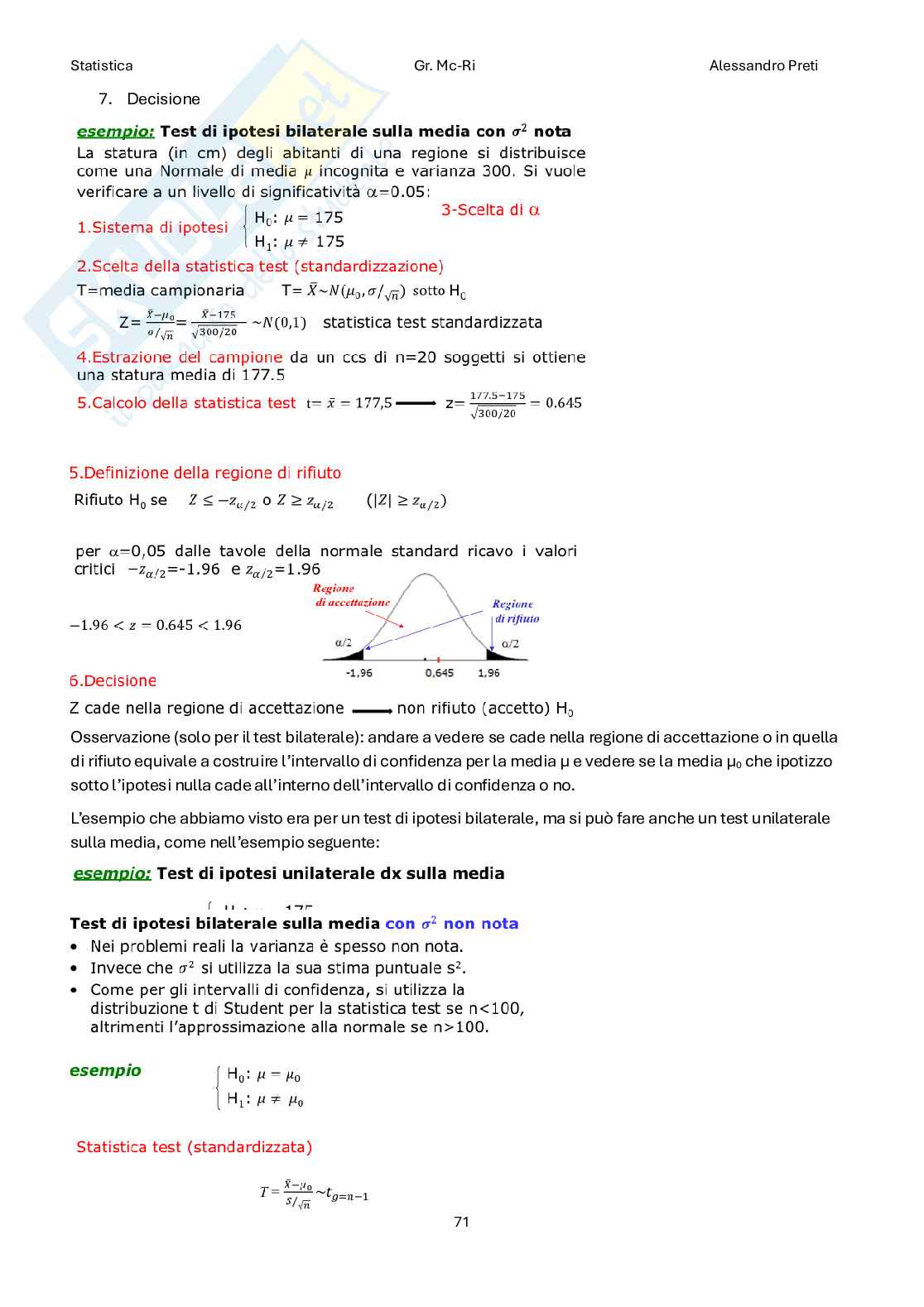 Statistica – Appunti completi teoria 1°+2° parziale (99 pag) Pag. 71