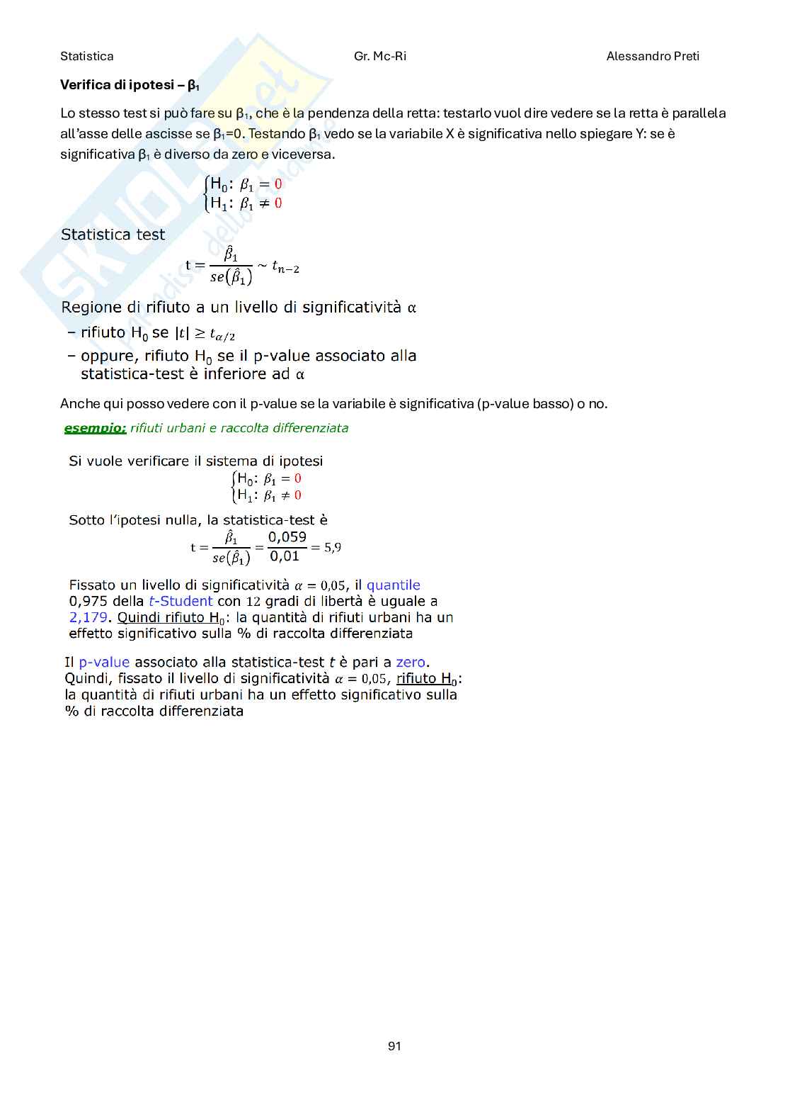 Statistica – Appunti completi teoria 1°+2° parziale (99 pag) Pag. 91