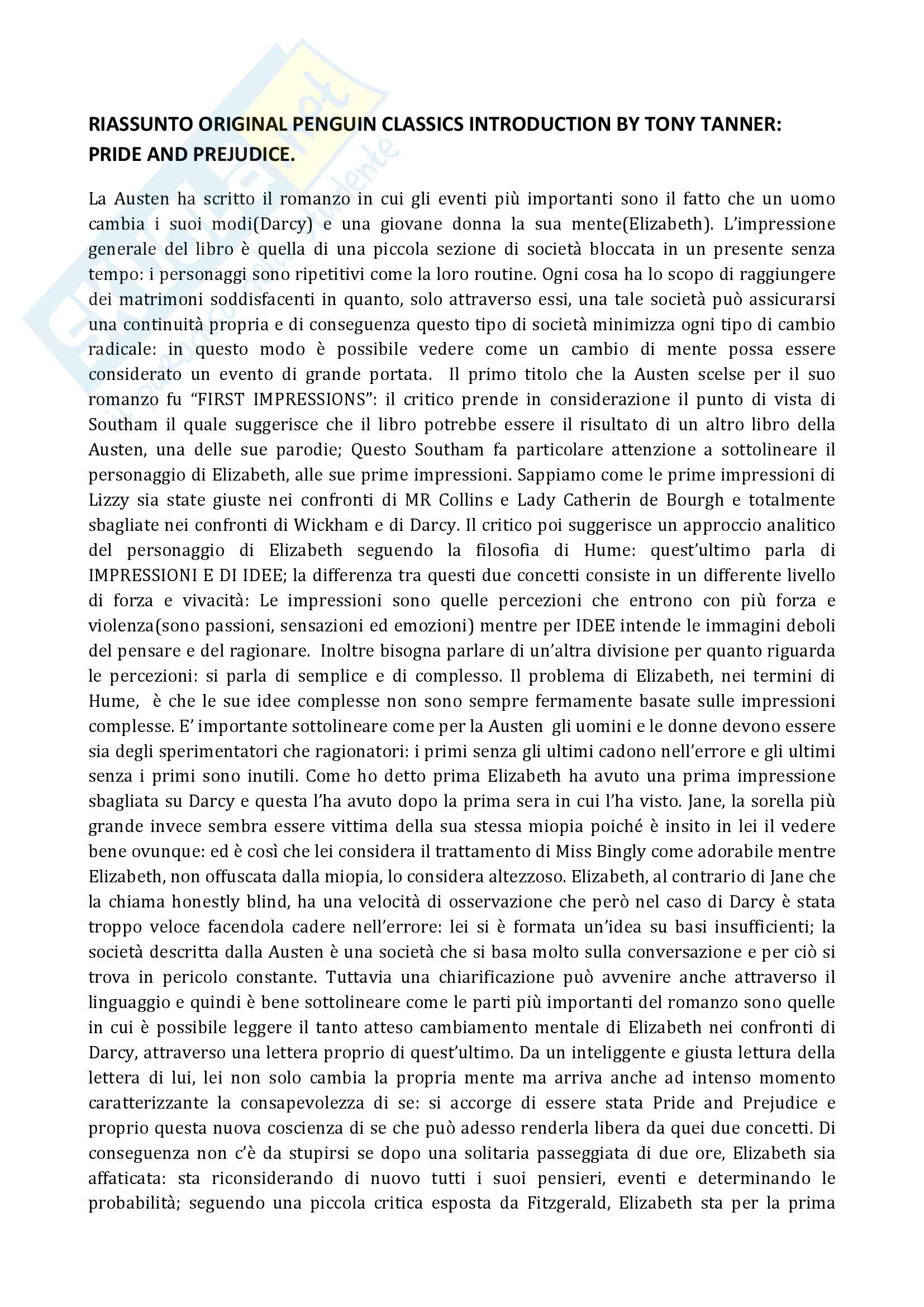 Pride And Prejudice Riassunto In Inglese