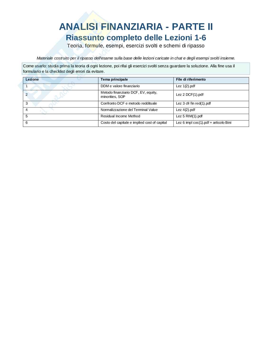 Schema 1-6 Lezioni Analisi finanziaria Pag. 1
