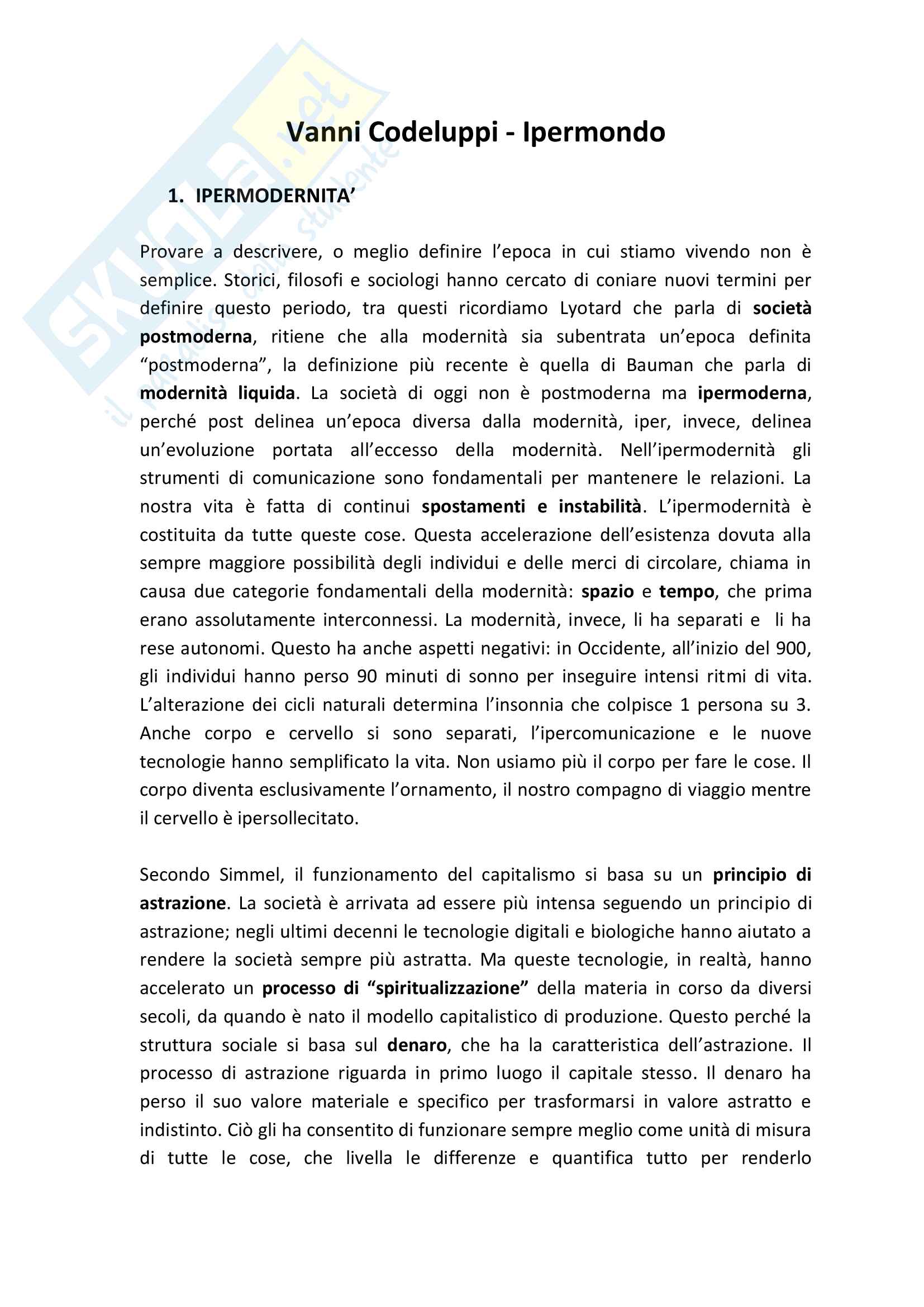Riassunto esame Sociologia Generale, prof. Cremonesini, libro consigliato Ipermondo, Vanni Codeluppi Pag. 1