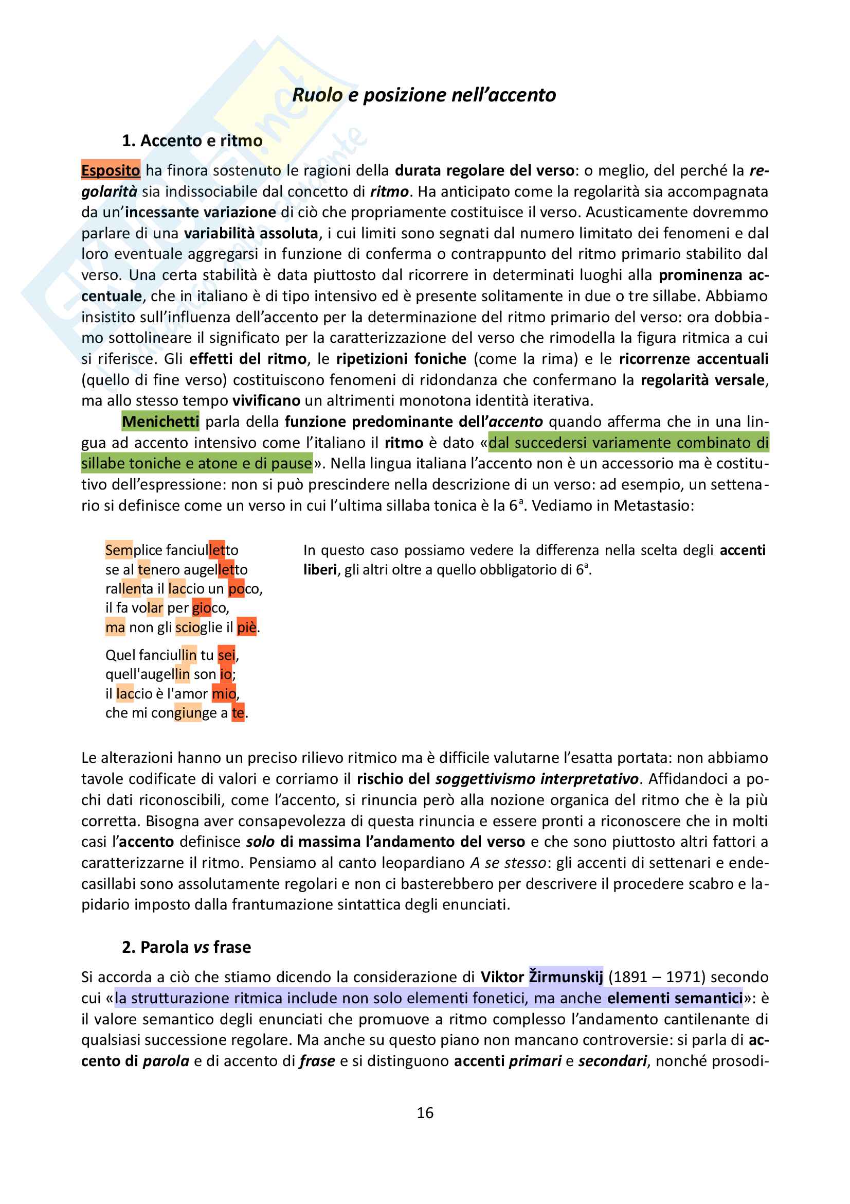Riassunto esame Teoria della letteratura, prof. Esposito, libro consigliato Il verso, Esposito Pag. 16