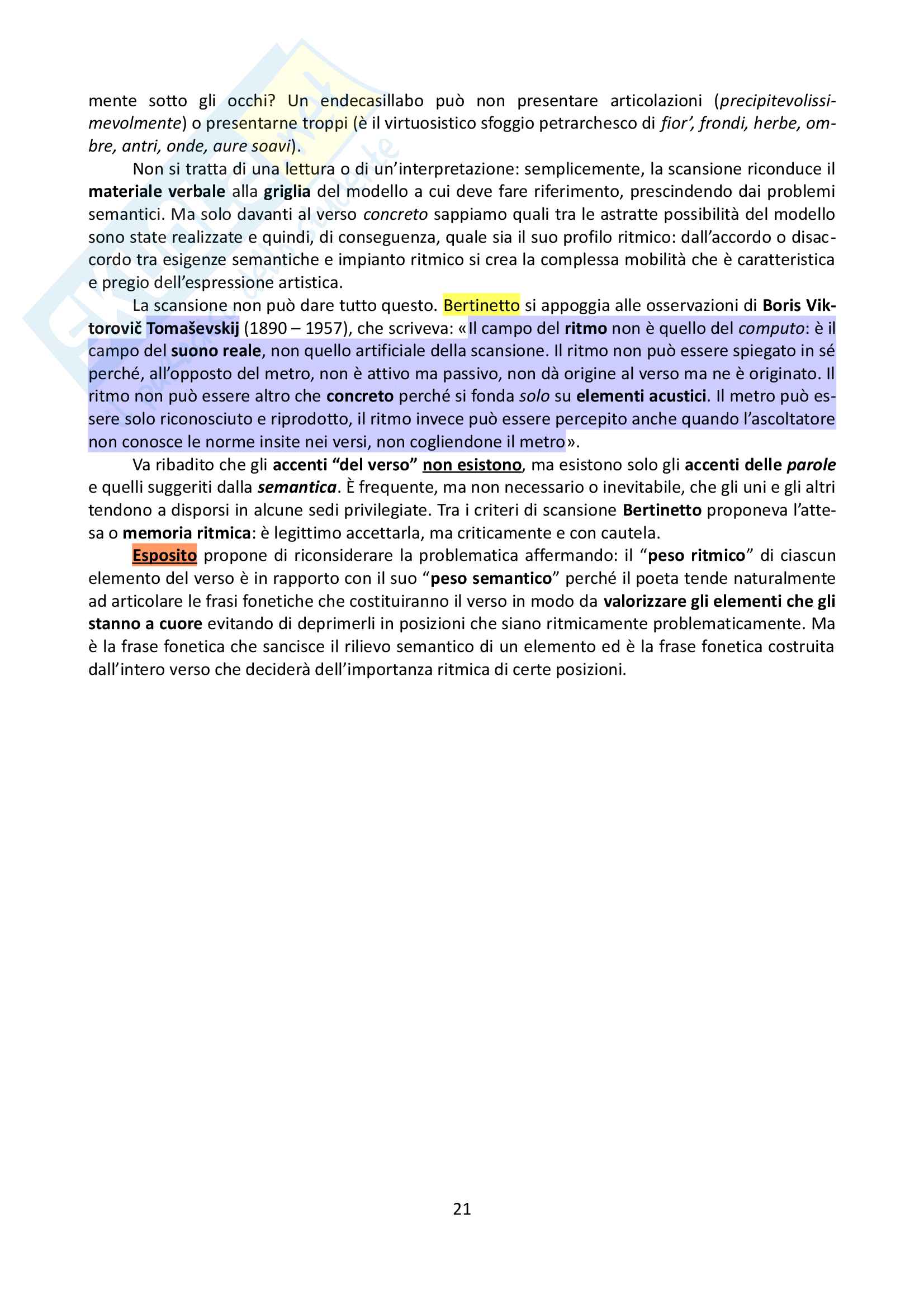 Riassunto esame Teoria della letteratura, prof. Esposito, libro consigliato Il verso, Esposito Pag. 21