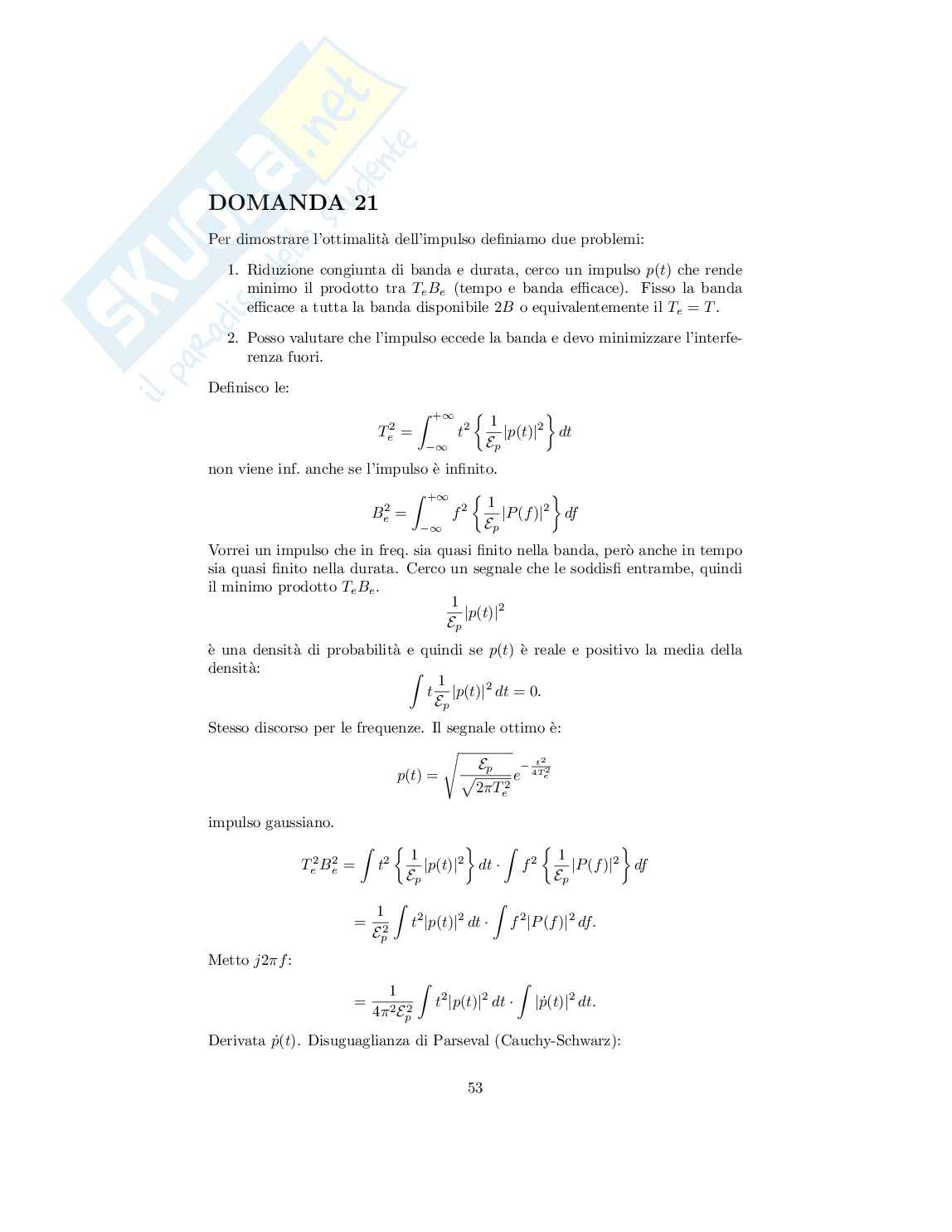 Trasmissione dei segnali digitali - Dimostrazione dell'ottimalità dell'impulso gaussiano e dimostrazione del criterio di Nyquist Pag. 1