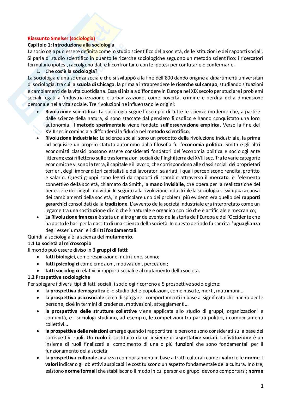 Riassunto esame Sociologia generale, Prof. Gamuzza Augusto Giuseppe, libro consigliato Manuale di sociologia , Smelser Pag. 1