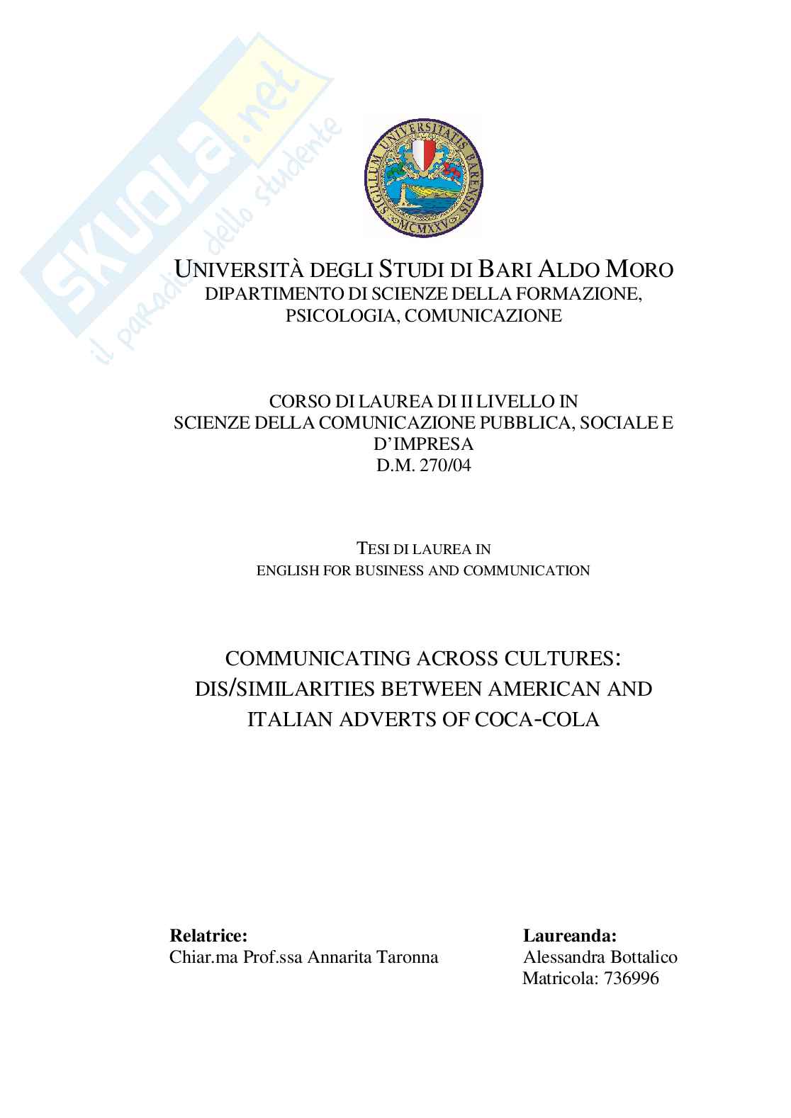 Tesi: Communicating across cultures: dis/similarities between American and Italian adverts of Coca Cola Pag. 1