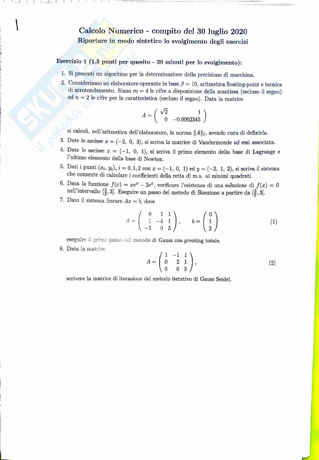 Esame Calcolo numerico 30 Luglio 2020 Pag. 1