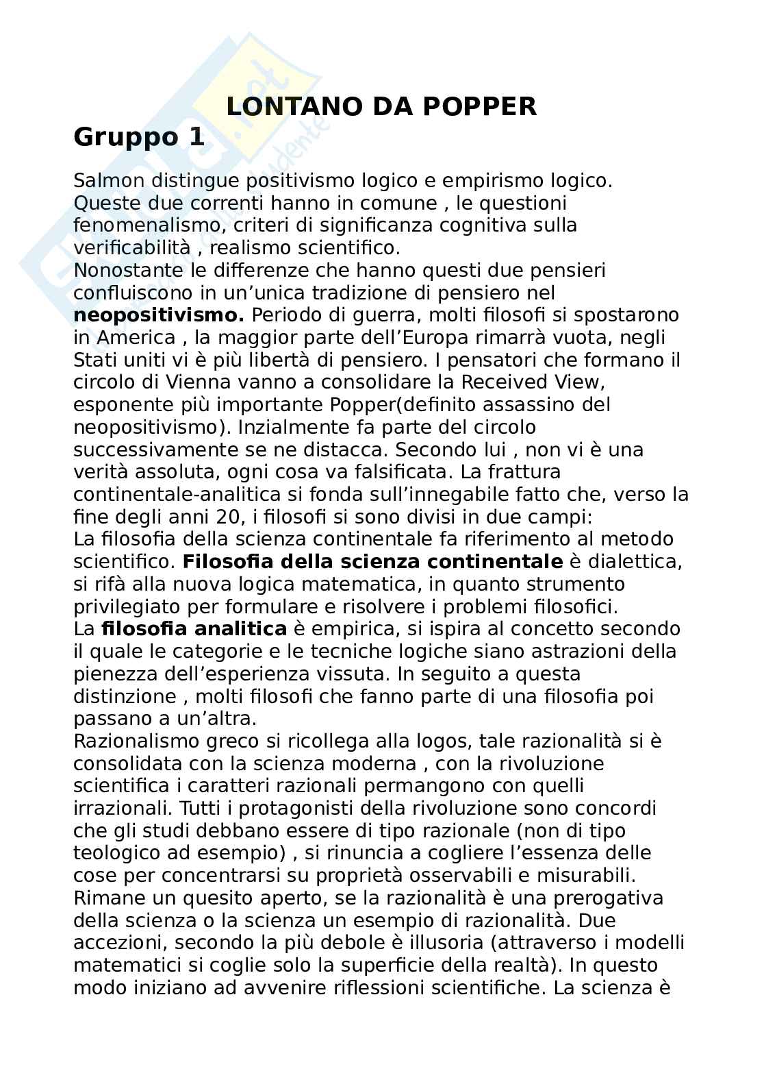 Riassunto esame Epistemologia, Prof. Coco Emanuele, libro consigliato Lontano da Popper , Coniglione Pag. 1