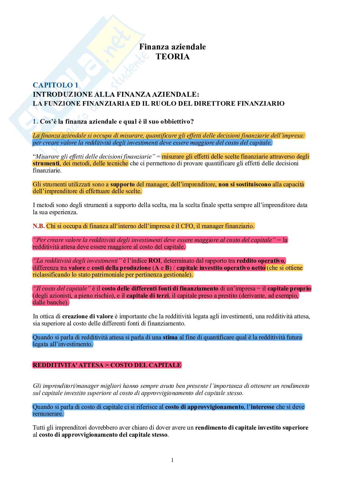 Finanza aziendale – Parte 1 – Teoria completa in 12 capitoli Pag. 1