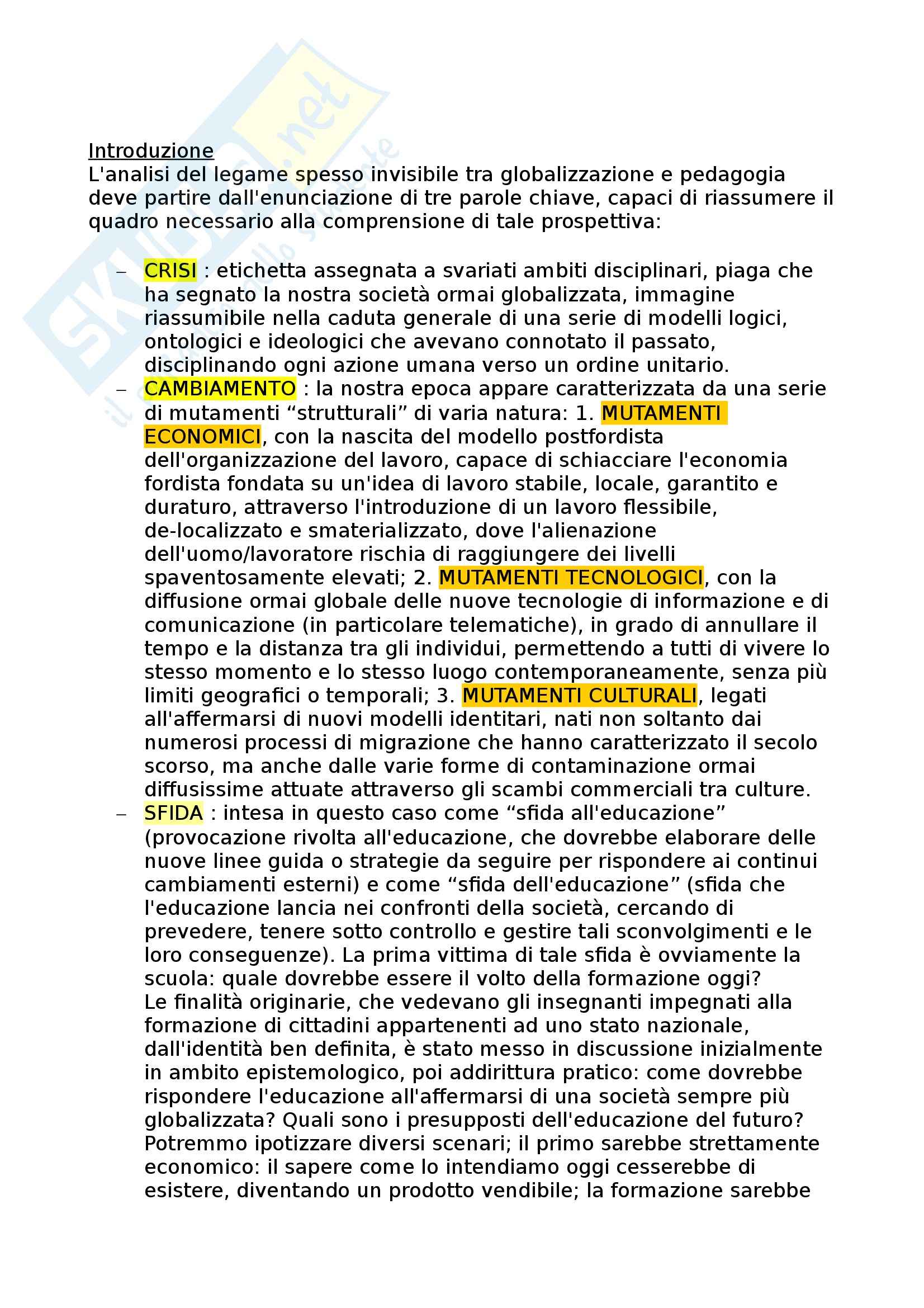 Riassunto esame Pedagogia, prof. Virgilio, libro consigliato Globalizzazione e prospettive educative Pag. 1
