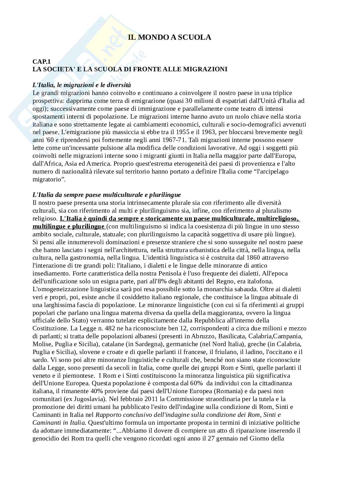 Riassunto esame pedagogia interculturale, prof. Pompeo, libro consigliato Il mondo a scuola, Fiorucci, Catarci Pag. 1