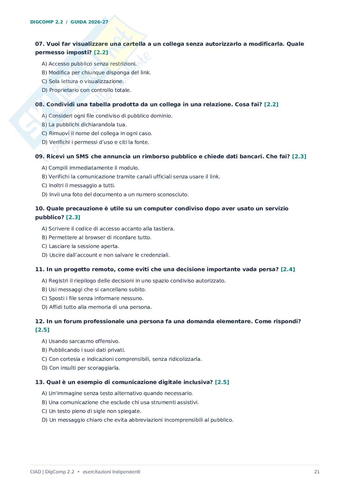 Domande e risposte CIAD DIGCOMP 2.2 - 2026/27. Manuale pratico per la preparazione alla CIAD Pag. 21
