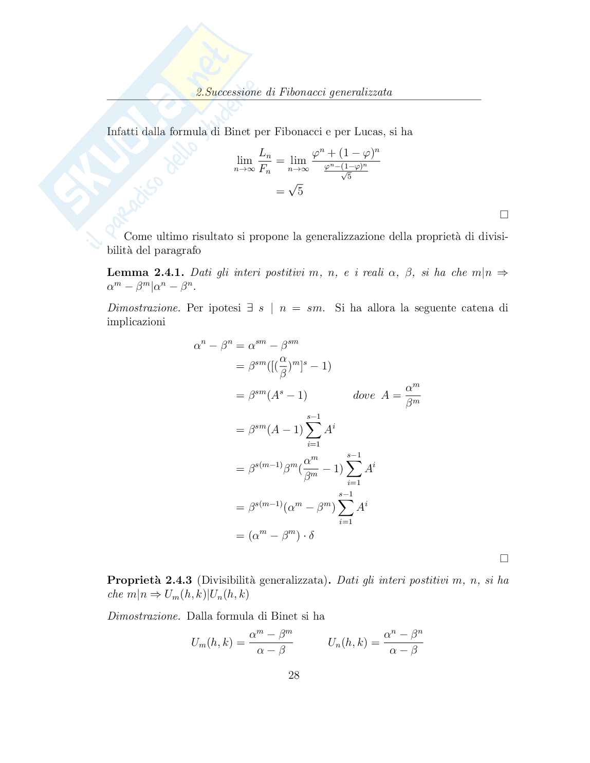 Successioni di Fibonacci generalizzate, con implementazione in Sage Pag. 31