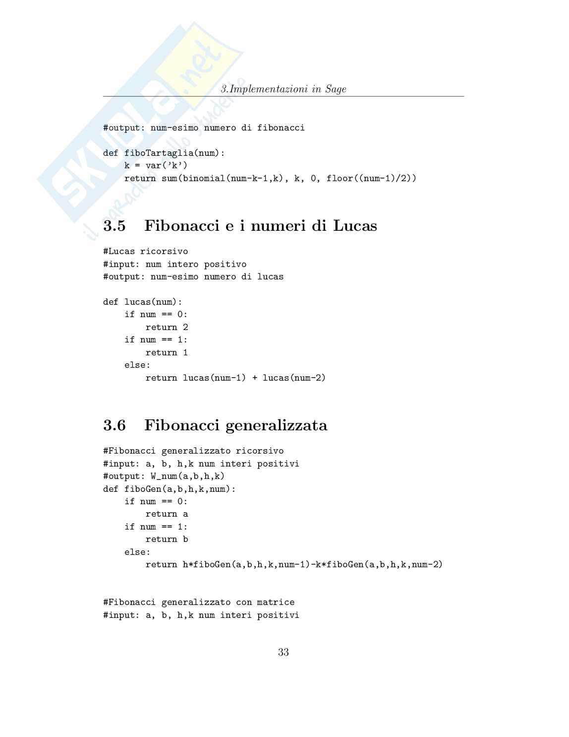 Successioni di Fibonacci generalizzate, con implementazione in Sage Pag. 36