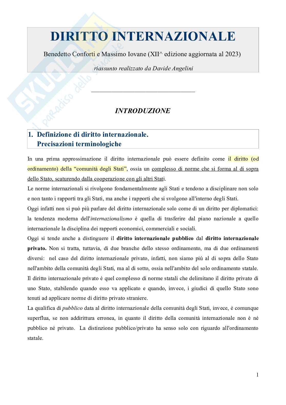 Riassunto esame Diritto internazionale, Prof. Fodella Alessandro, libro consigliato Diritto internazionale (12^ edizione, aggiornata al 2023), Conforti, Iovane Pag. 1
