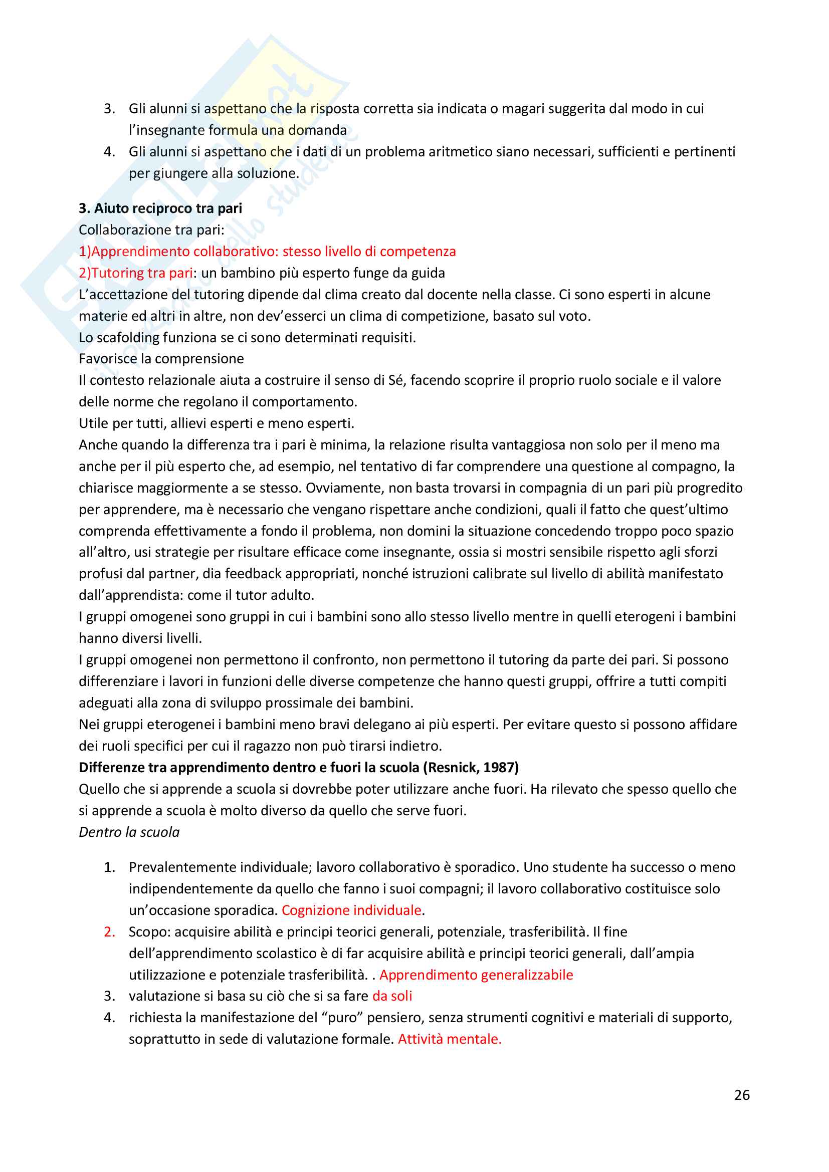 Riassunto esame "Psicologia dell'educazione" , prof. Gelati, libro consigliato "Psicologia dell'apprendimento e dell'istruzione", Mason Pag. 26