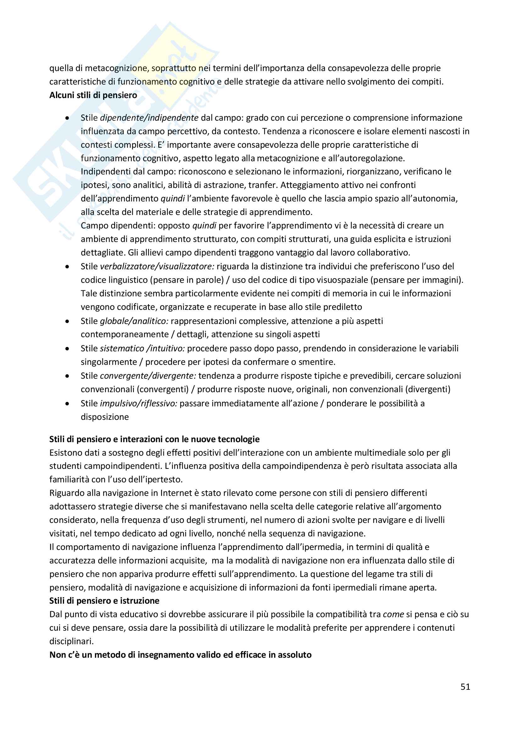 Riassunto esame "Psicologia dell'educazione" , prof. Gelati, libro consigliato "Psicologia dell'apprendimento e dell'istruzione", Mason Pag. 51