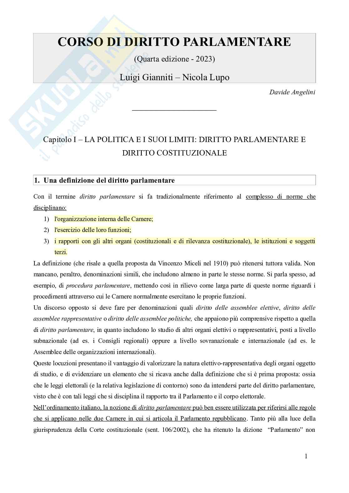 Riassunto esame Diritto parlamentare, Prof. Martinelli Claudio, libro consigliato Corso di diritto parlamentare (2023), Gianniti, Lupo Pag. 1