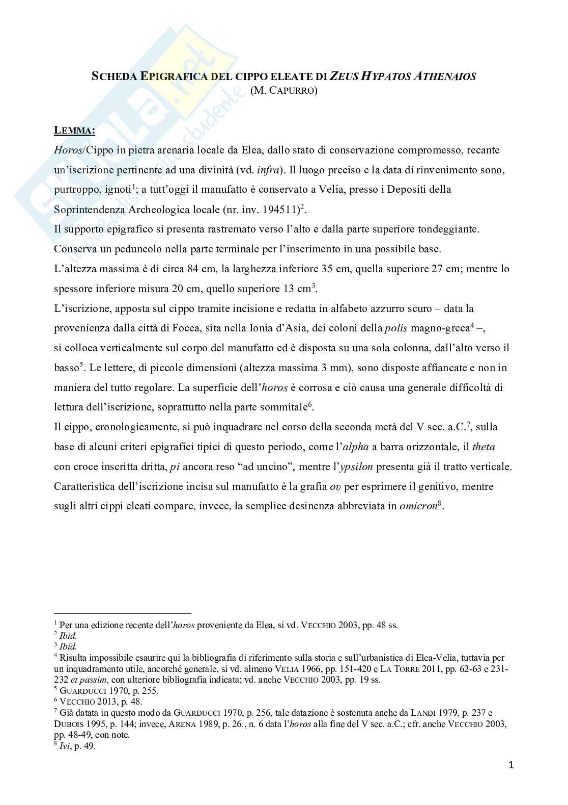 Riassunto esame Epigrafia greca, Prof. Vecchio Luigi, libro consigliato Epigrafia greca, Guarducci Pag. 1