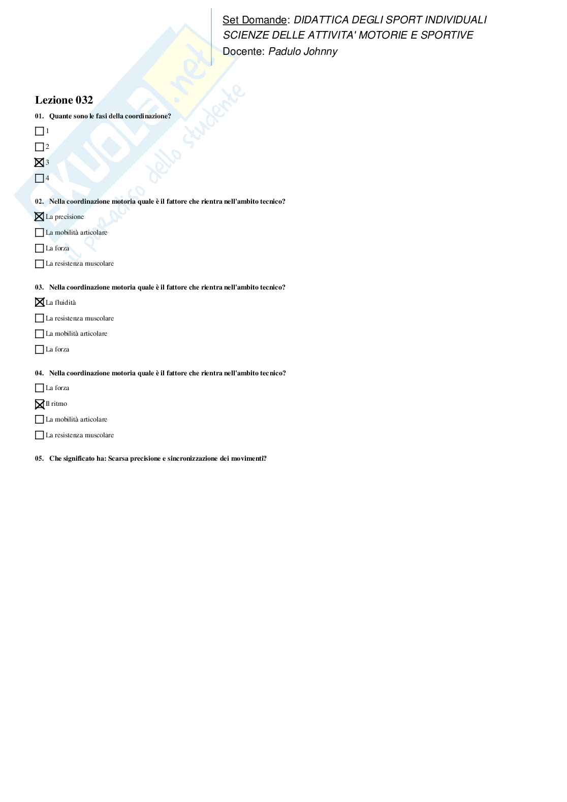 Set Domande Paniere Risposte Chiuse Didattica degli Sport Individuali e di Squadra Pag. 31