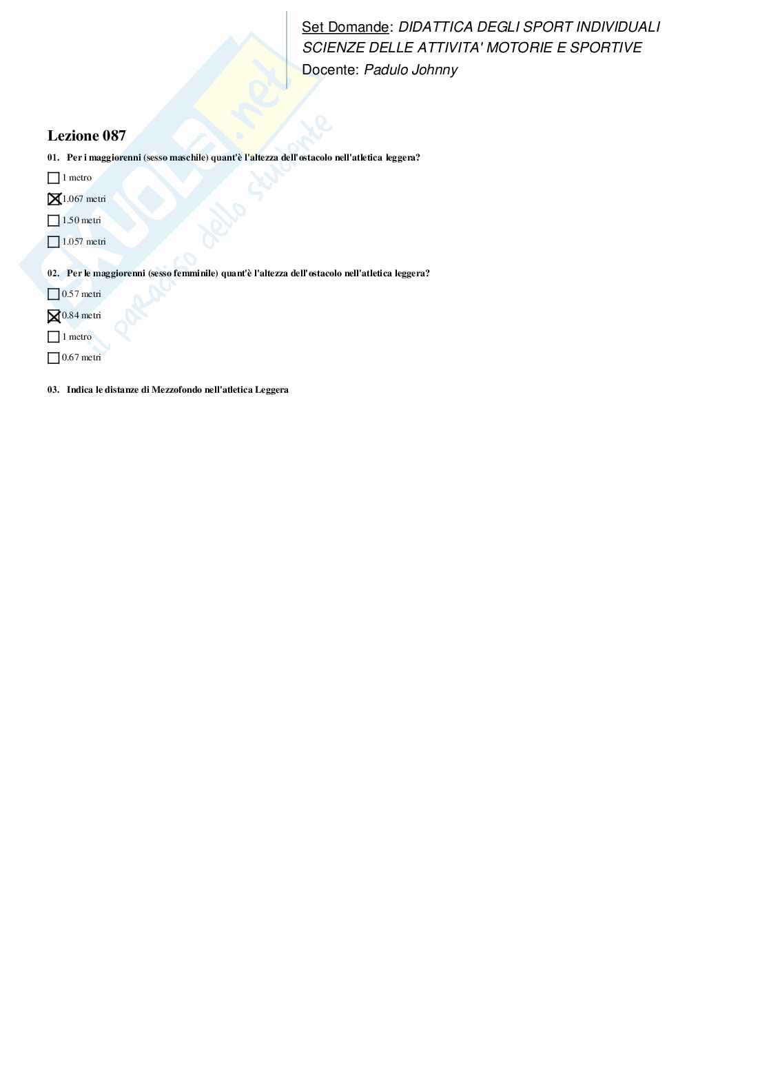 Set Domande Paniere Risposte Chiuse Didattica degli Sport Individuali e di Squadra Pag. 86