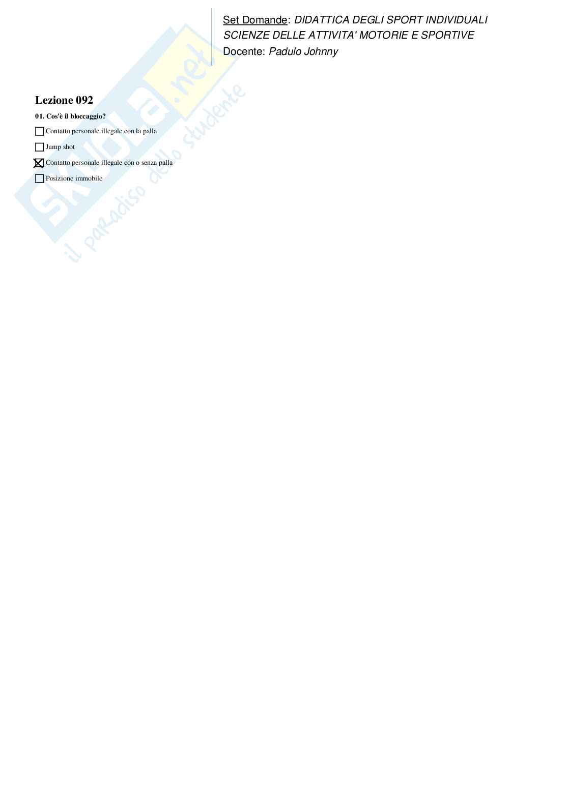 Set Domande Paniere Risposte Chiuse Didattica degli Sport Individuali e di Squadra Pag. 91