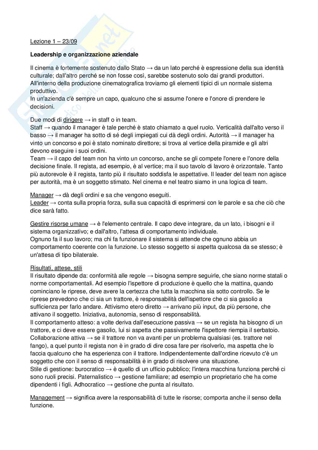 Appunti Organizzazione e legislazione dello spettacolo teatrale e cinematografico Pag. 1