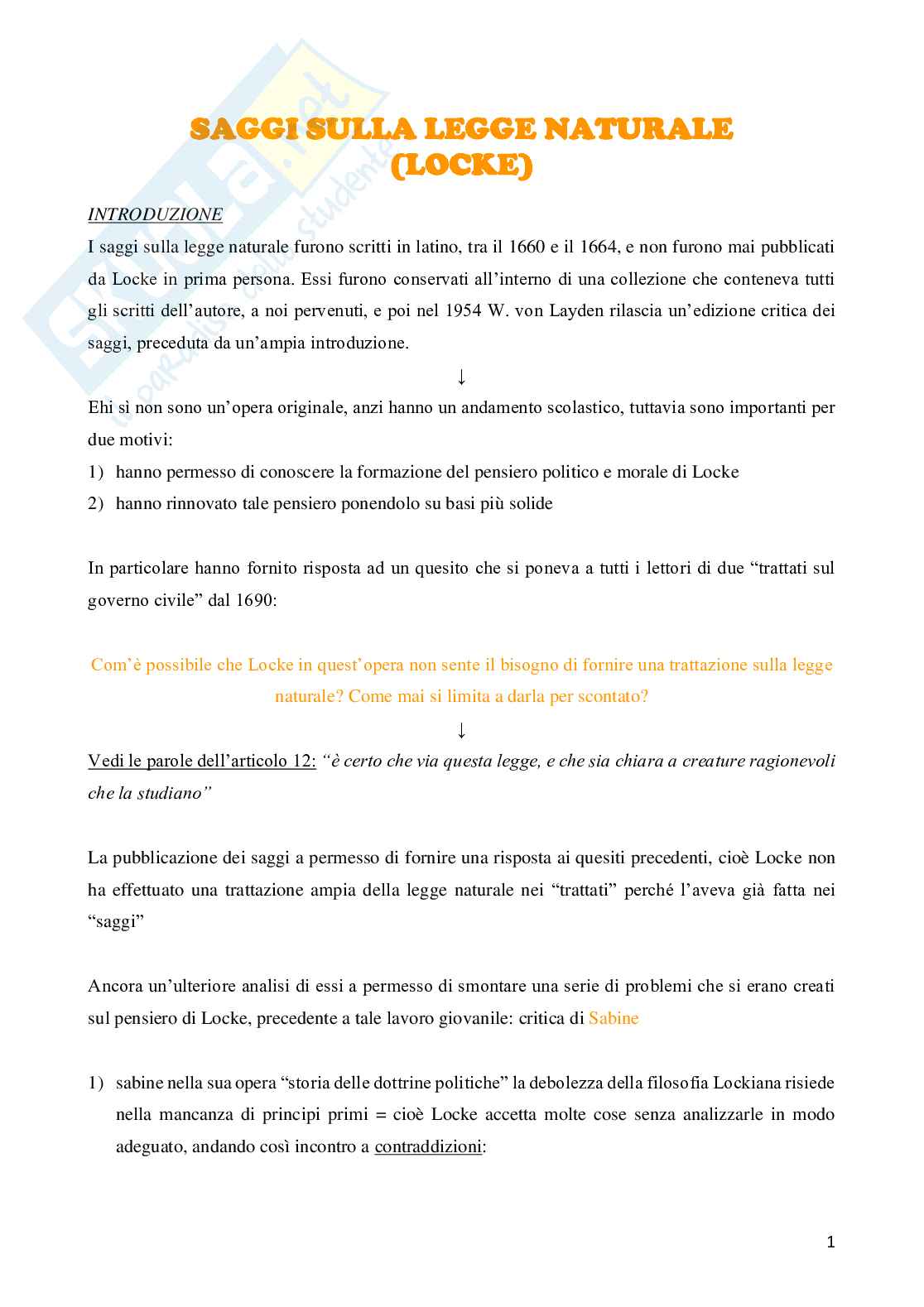 Riassunto esame Storia della filosofia, Prof. De Lucia Paolo, libro consigliato Saggi sulla legge naturale, Locke Pag. 1